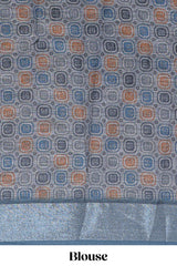 Grey geometric design chanderi cotton saree with contrast zari border and printed blouse