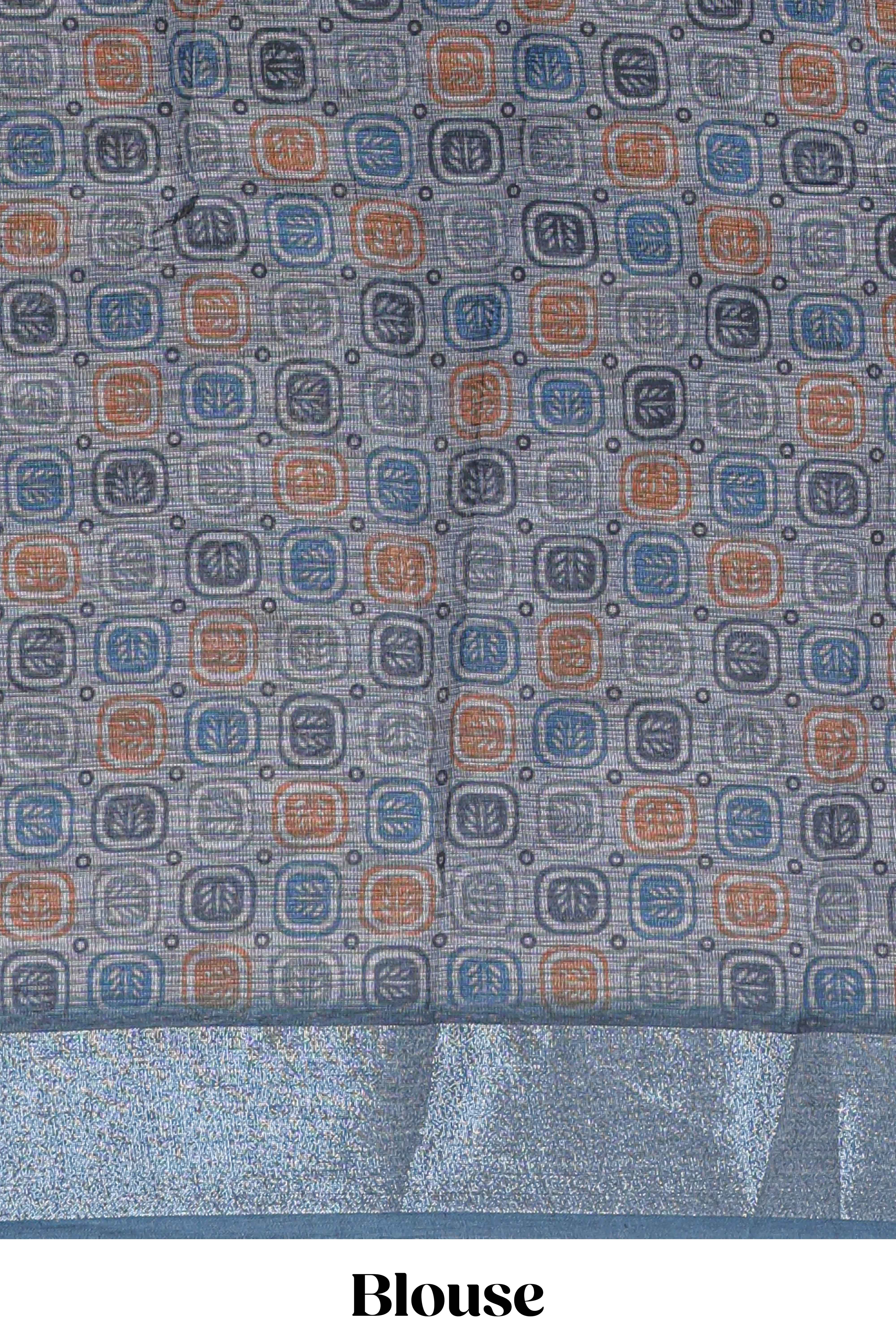 Grey geometric design chanderi cotton saree with contrast zari border and printed blouse