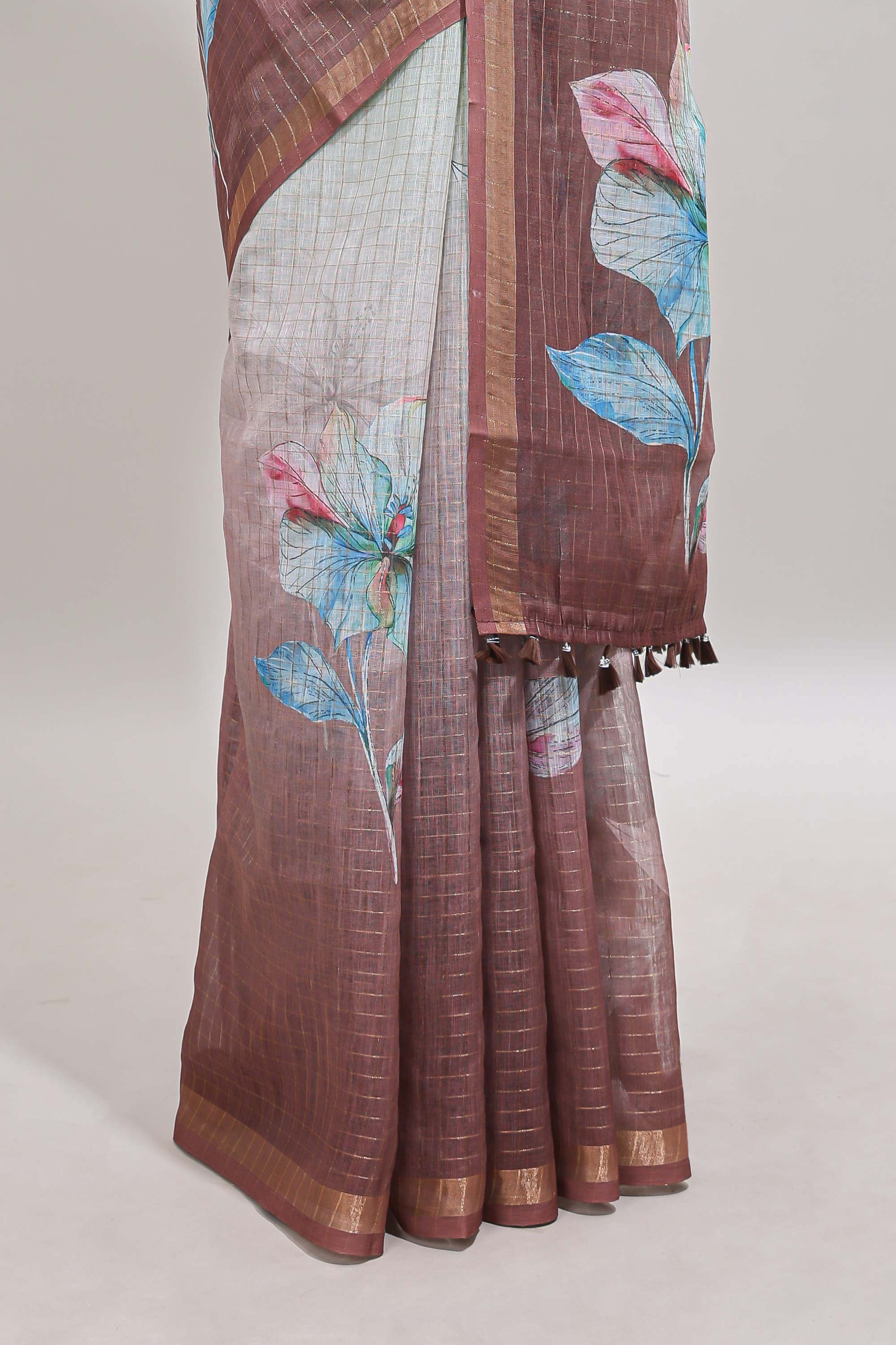 Green & brown dual shade floral design chanderi cotton saree with self zari border and printed blouse
