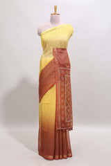 Yellow & brown dual shade checked chanderi cotton saree with self zari border and blouse