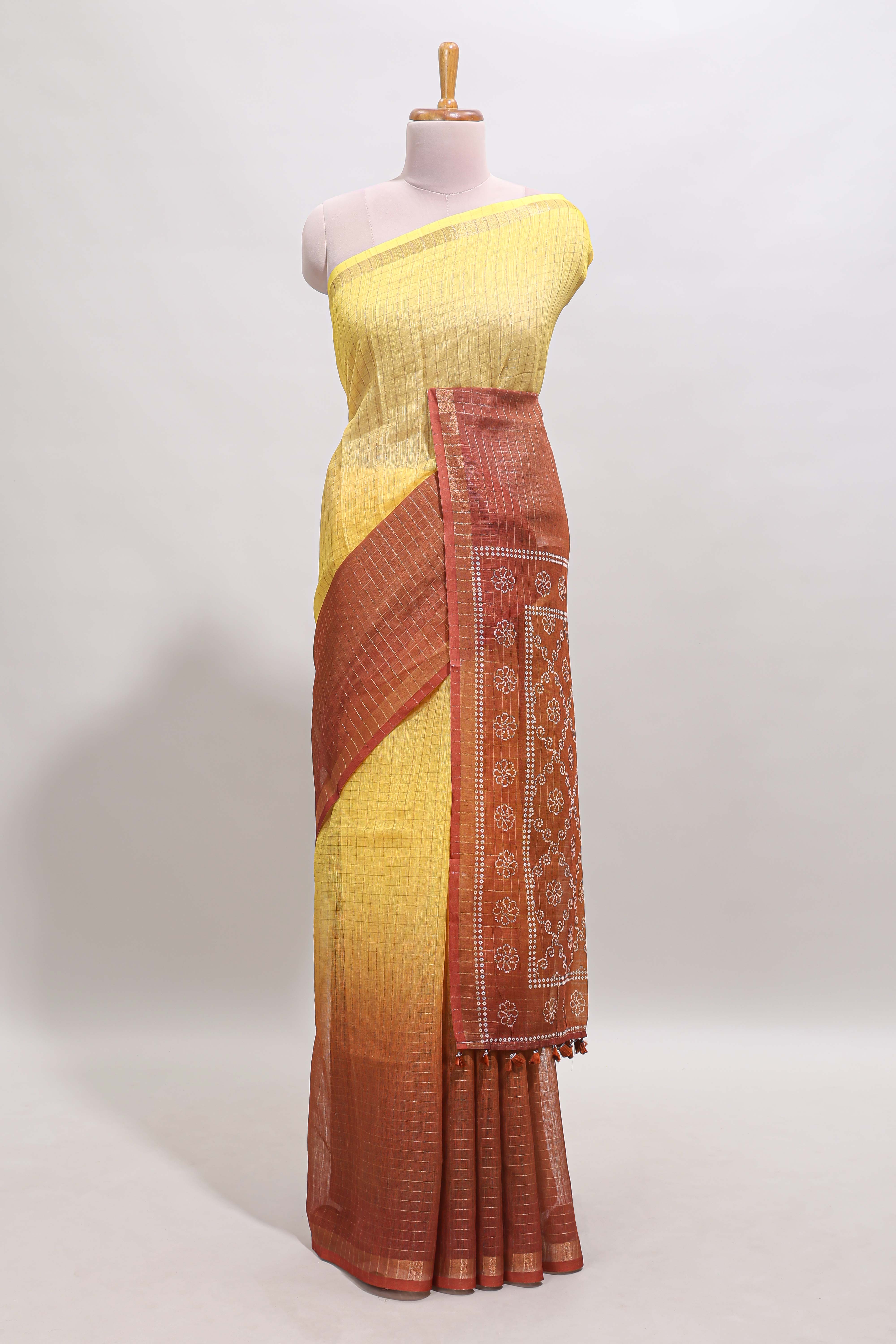 Yellow & brown dual shade checked chanderi cotton saree with self zari border and blouse