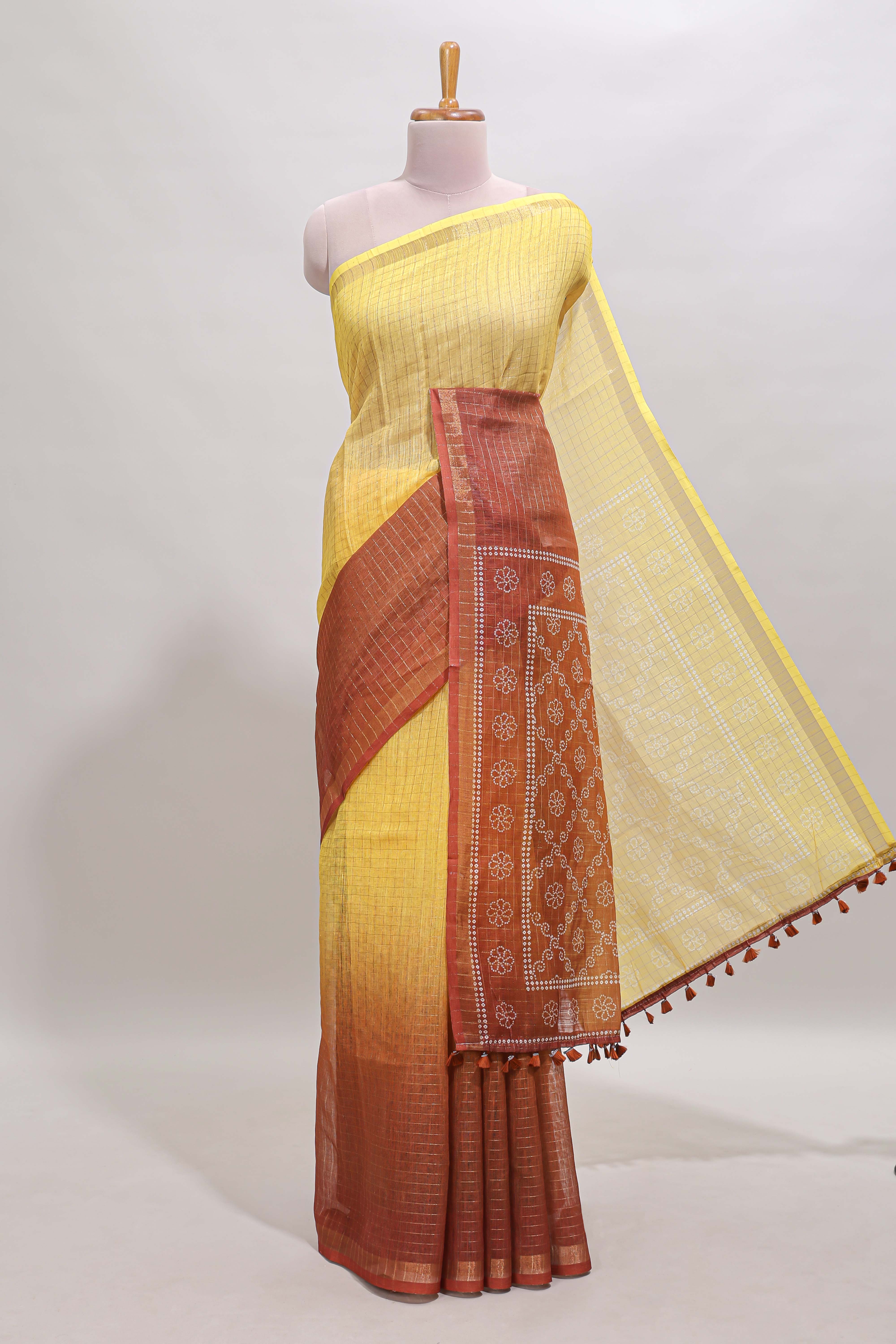 Yellow & brown dual shade checked chanderi cotton saree with self zari border and blouse