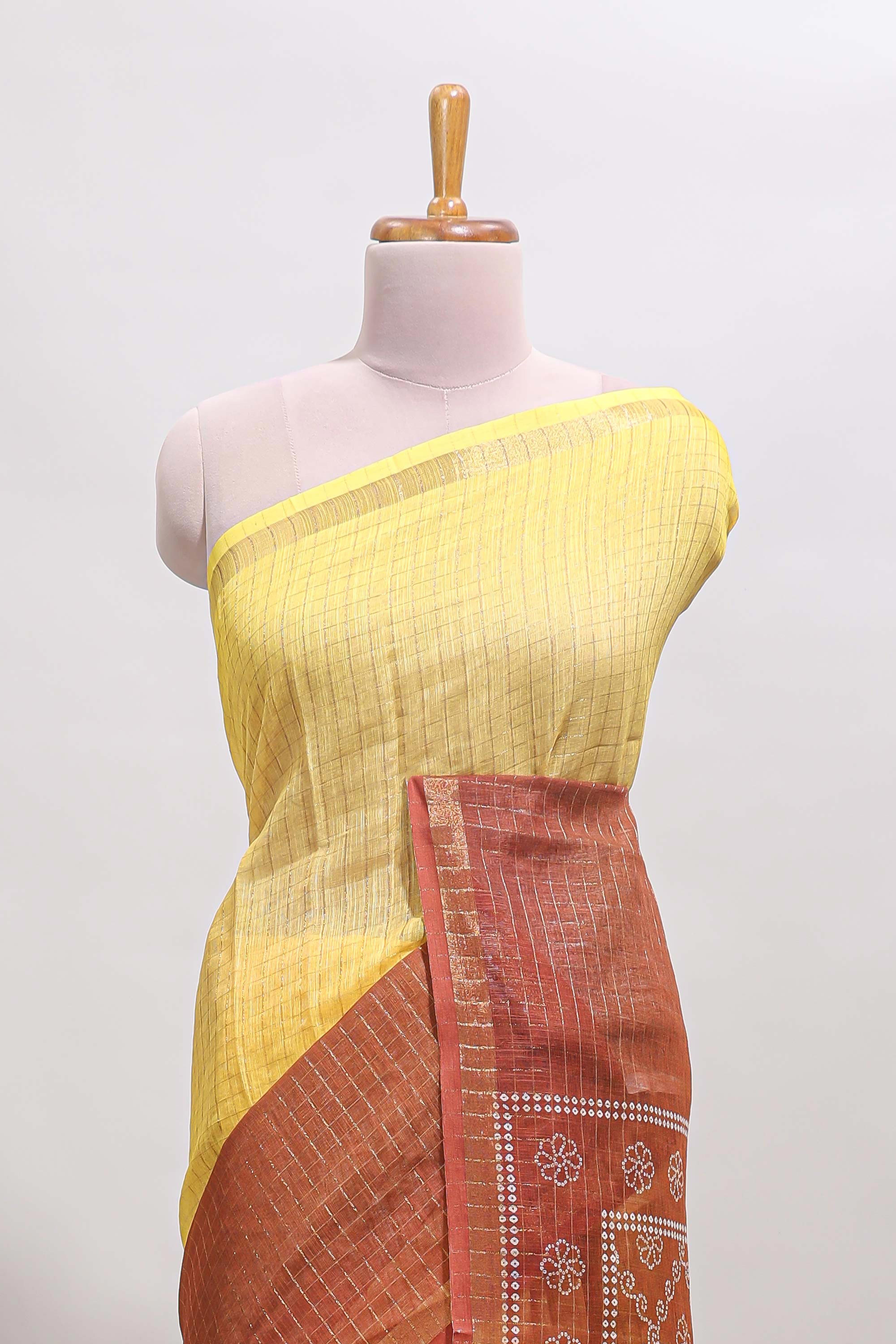 Yellow & brown dual shade checked chanderi cotton saree with self zari border and blouse
