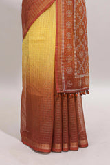 Yellow & brown dual shade checked chanderi cotton saree with self zari border and blouse