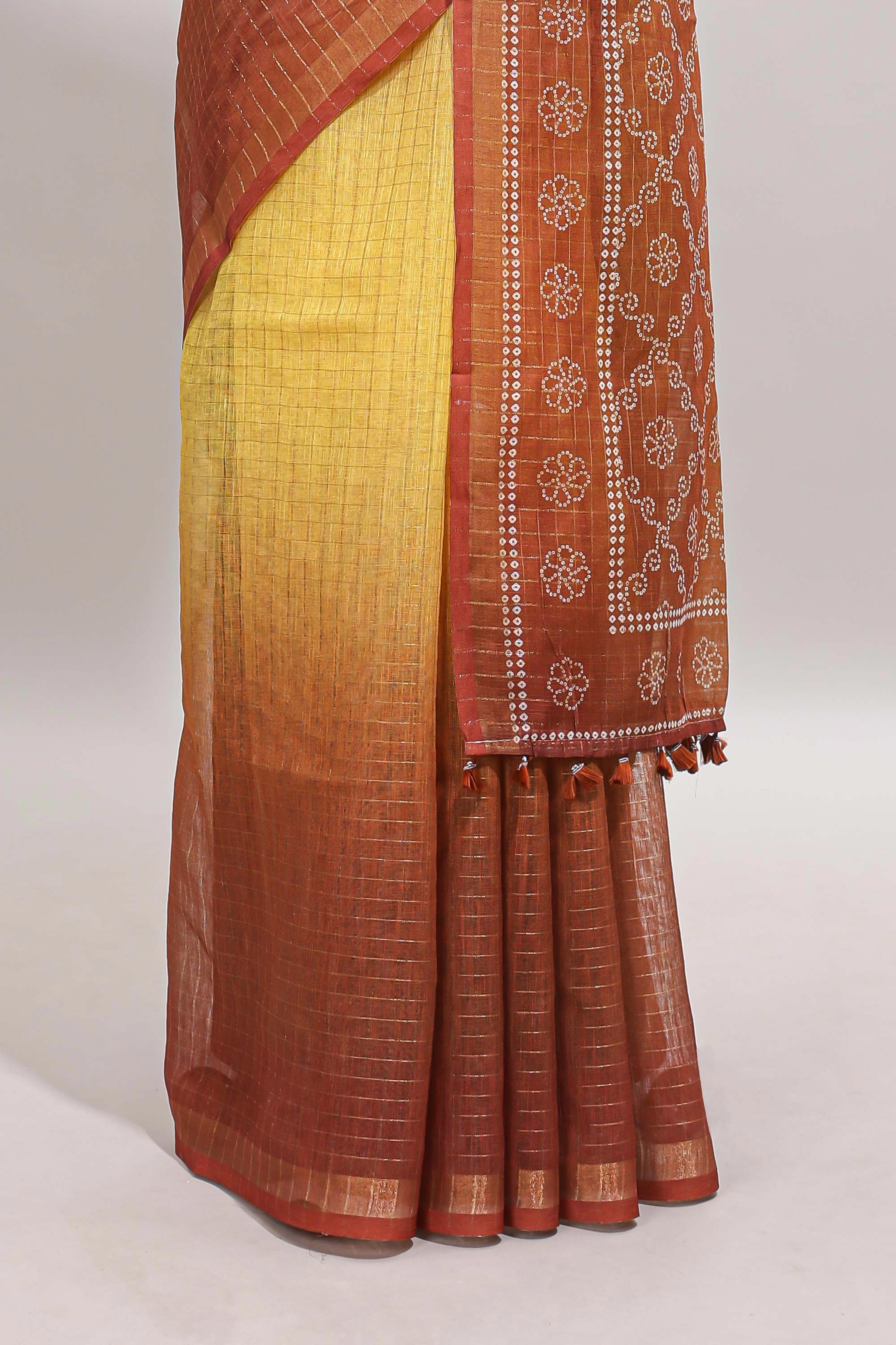Yellow & brown dual shade checked chanderi cotton saree with self zari border and blouse