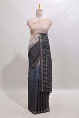 Cream & black dual shade checked chanderi cotton saree with self zari border and blouse