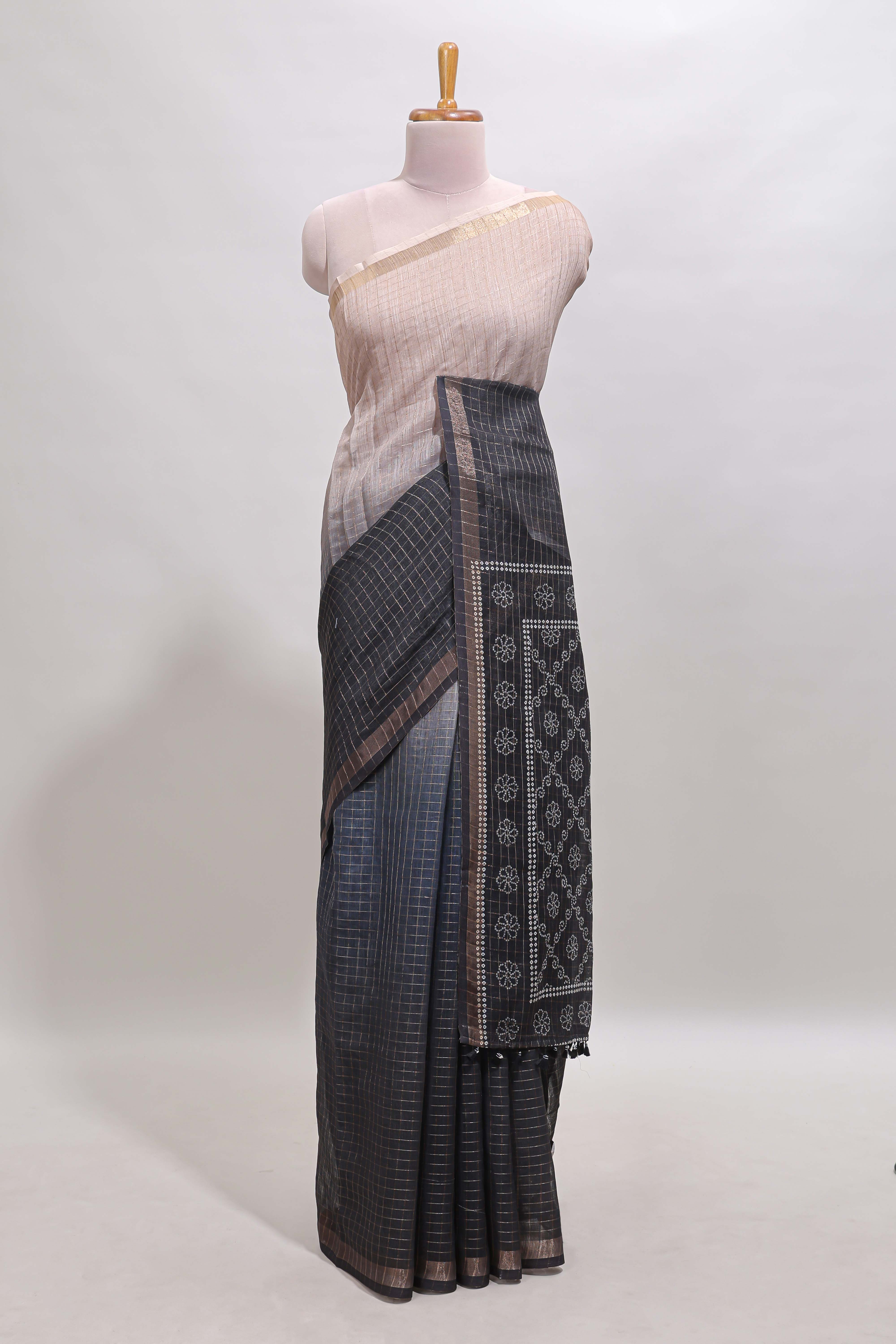 Cream & black dual shade checked chanderi cotton saree with self zari border and blouse