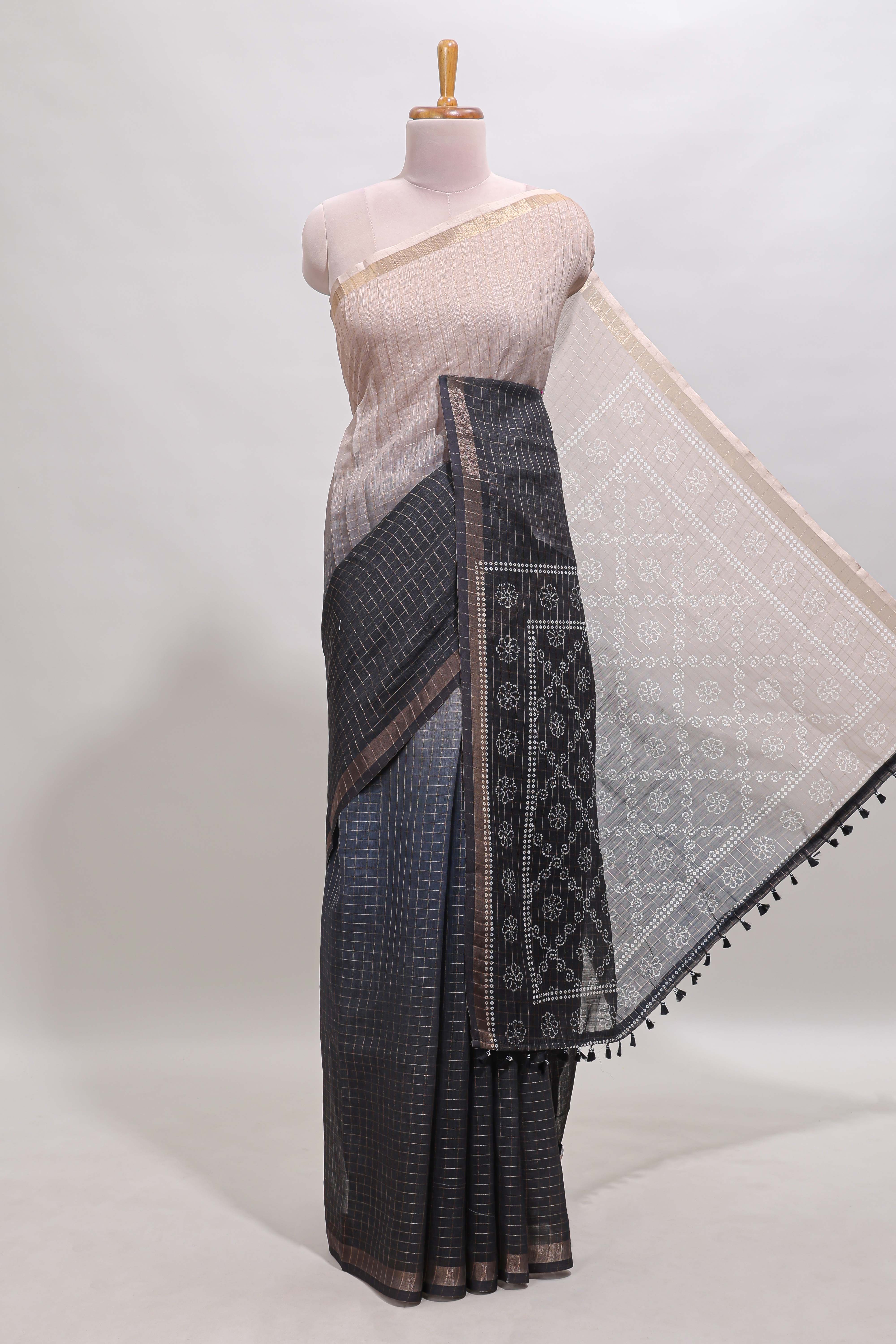 Cream & black dual shade checked chanderi cotton saree with self zari border and blouse