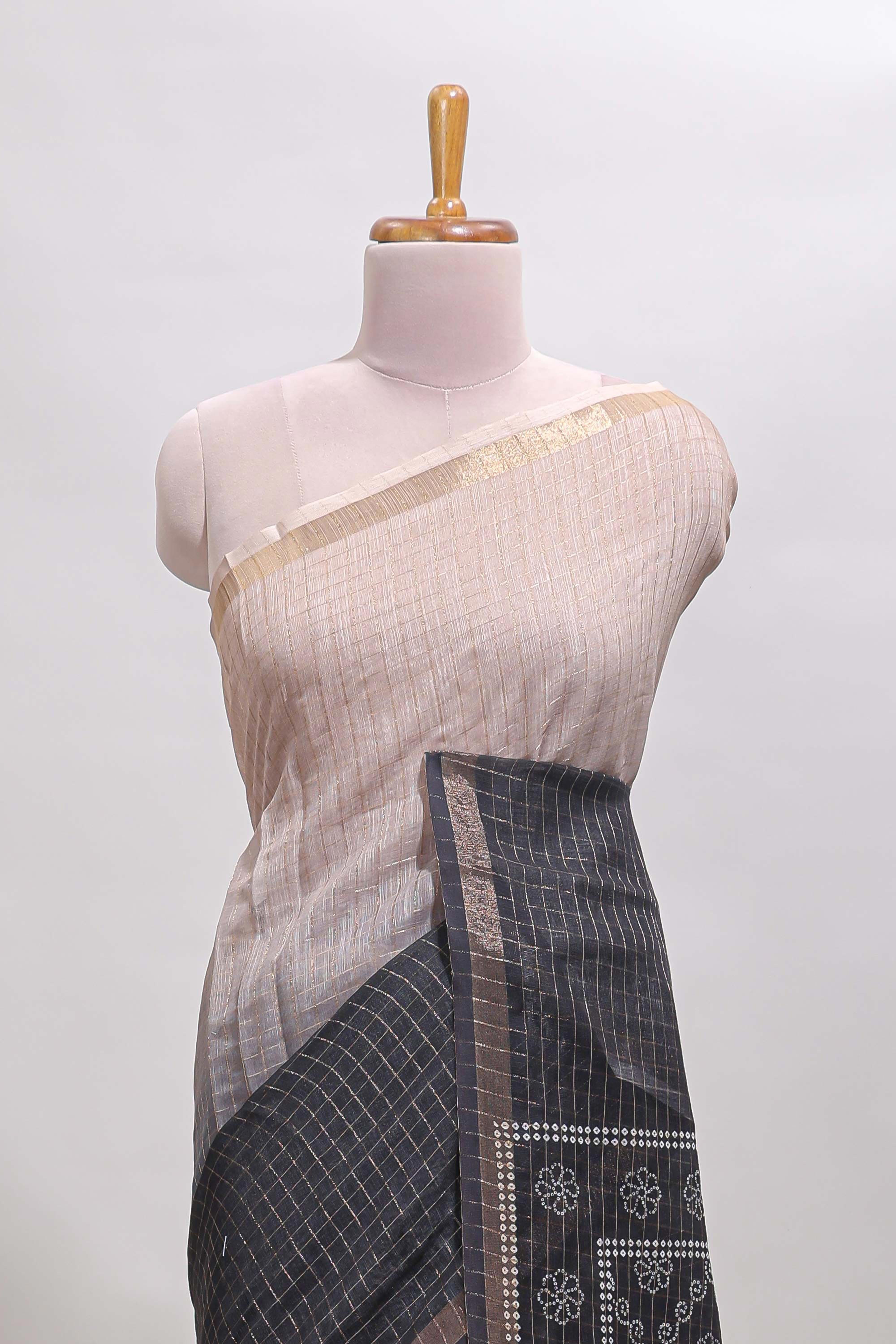 Cream & black dual shade checked chanderi cotton saree with self zari border and blouse