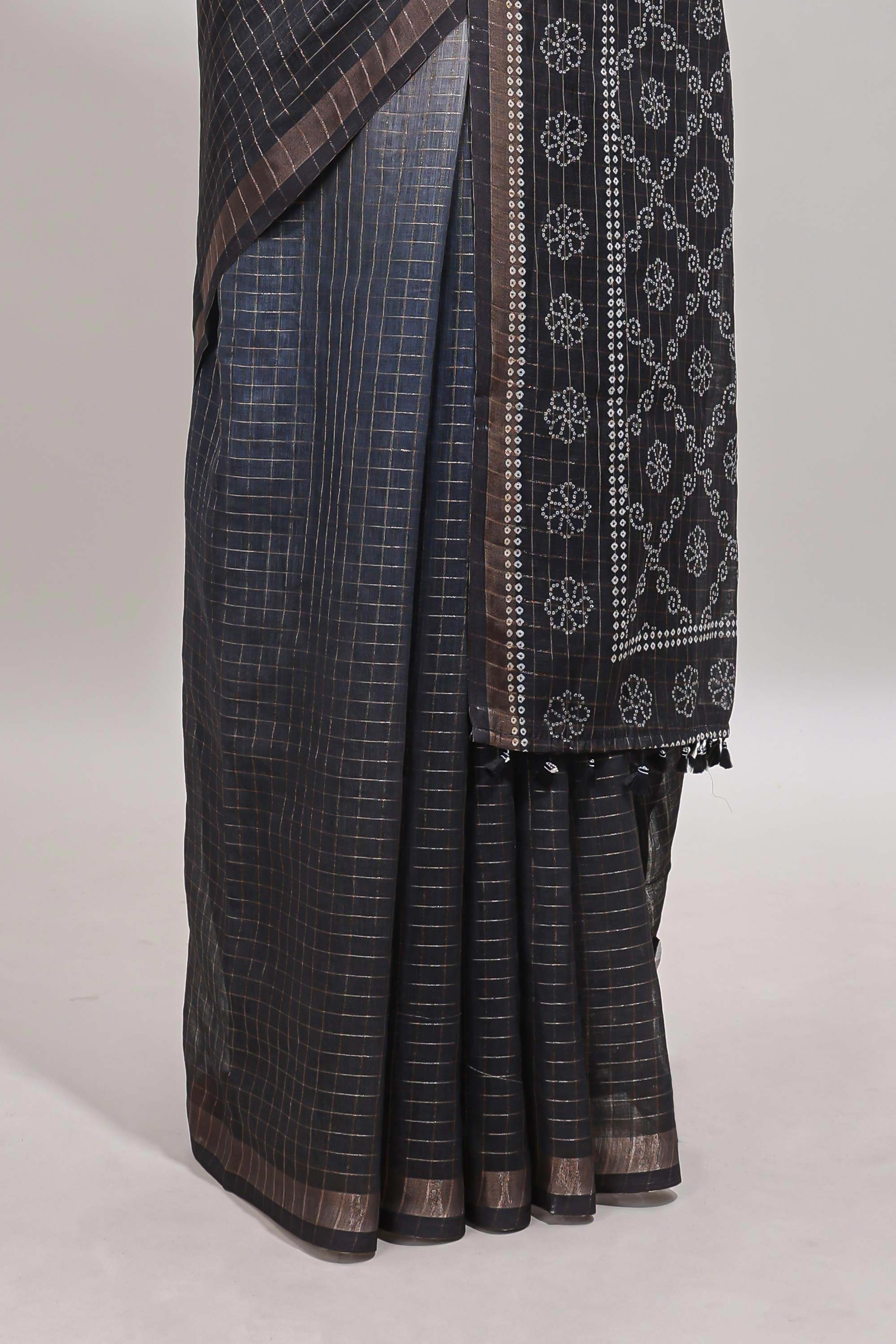 Cream & black dual shade checked chanderi cotton saree with self zari border and blouse