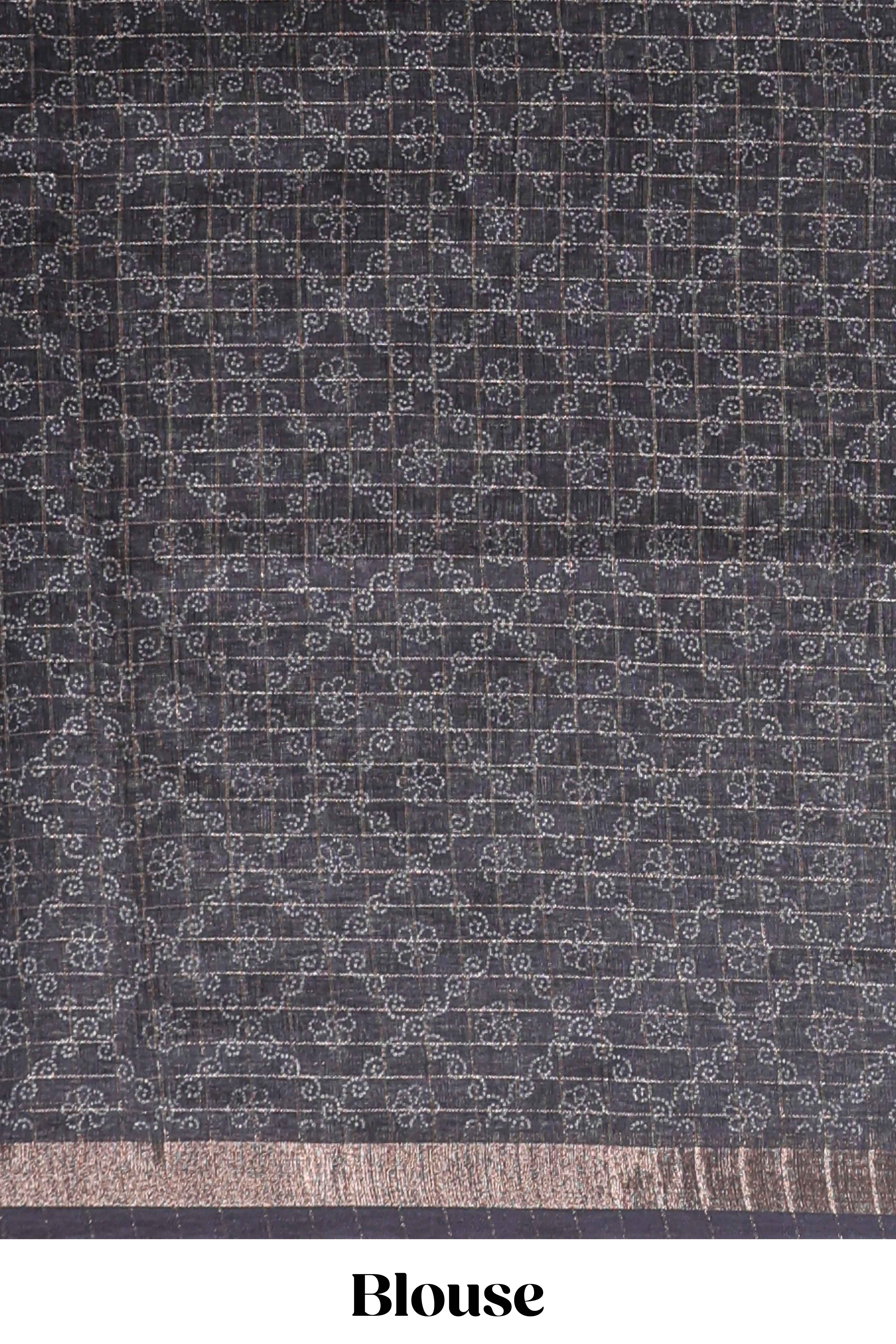 Cream & black dual shade checked chanderi cotton saree with self zari border and blouse