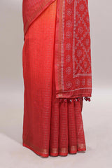 Orange & red dual shade checked chanderi cotton saree with self zari border and blouse