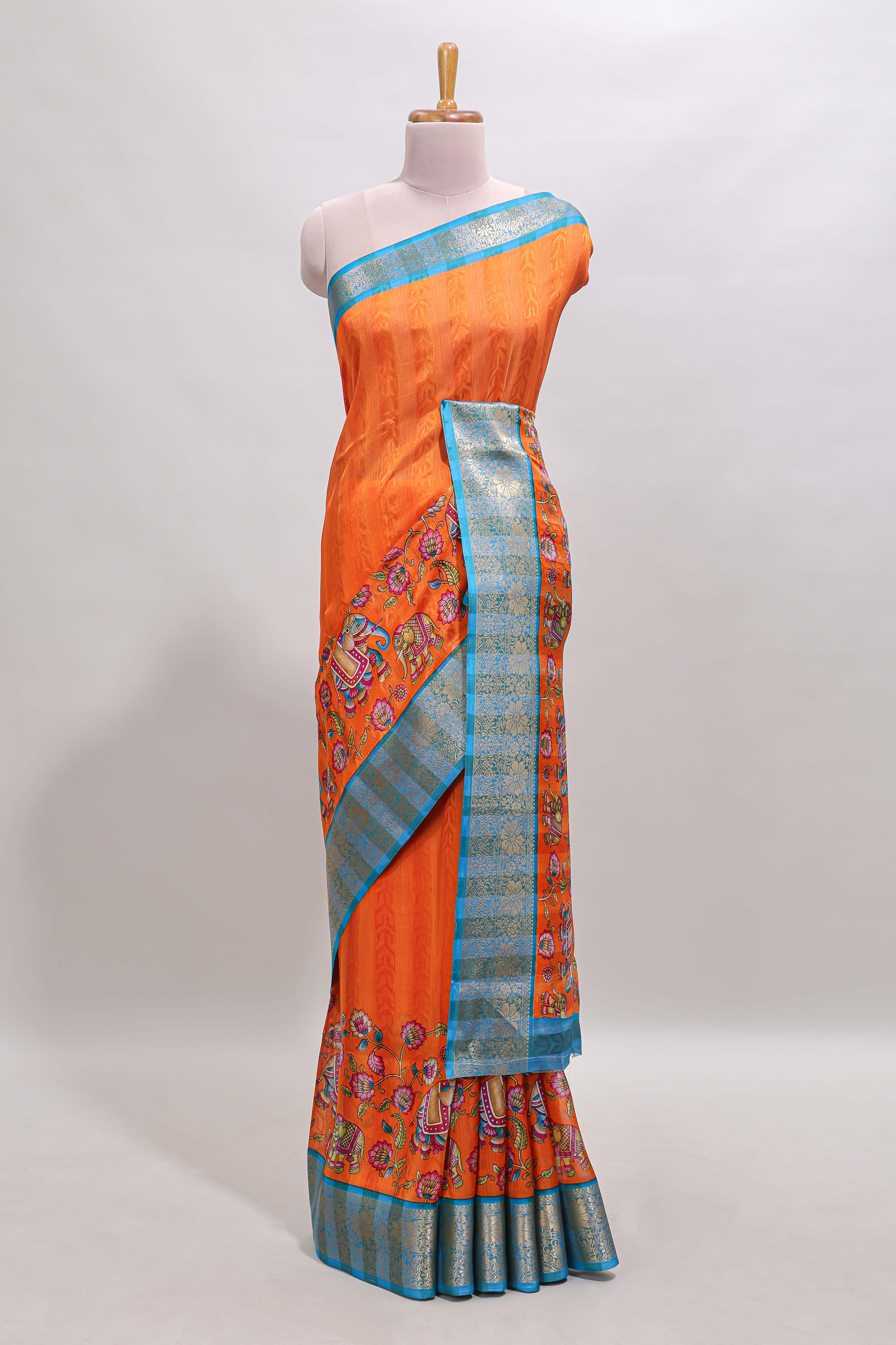 Orange striped kalamkari design chanderi cotton with contrast zai border and self pallu