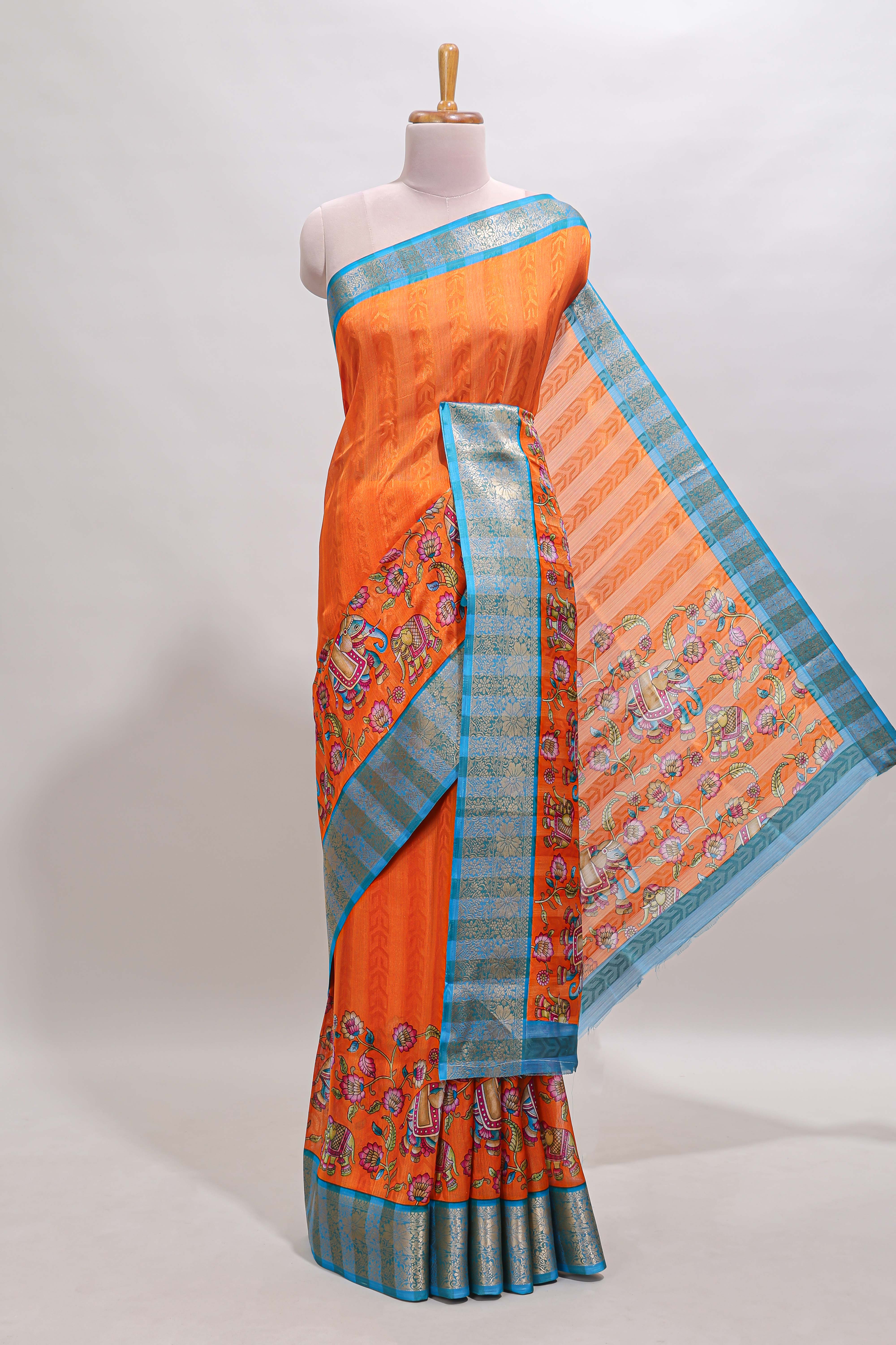 Orange striped kalamkari design chanderi cotton with contrast zai border and self pallu