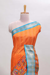 Orange striped kalamkari design chanderi cotton with contrast zai border and self pallu