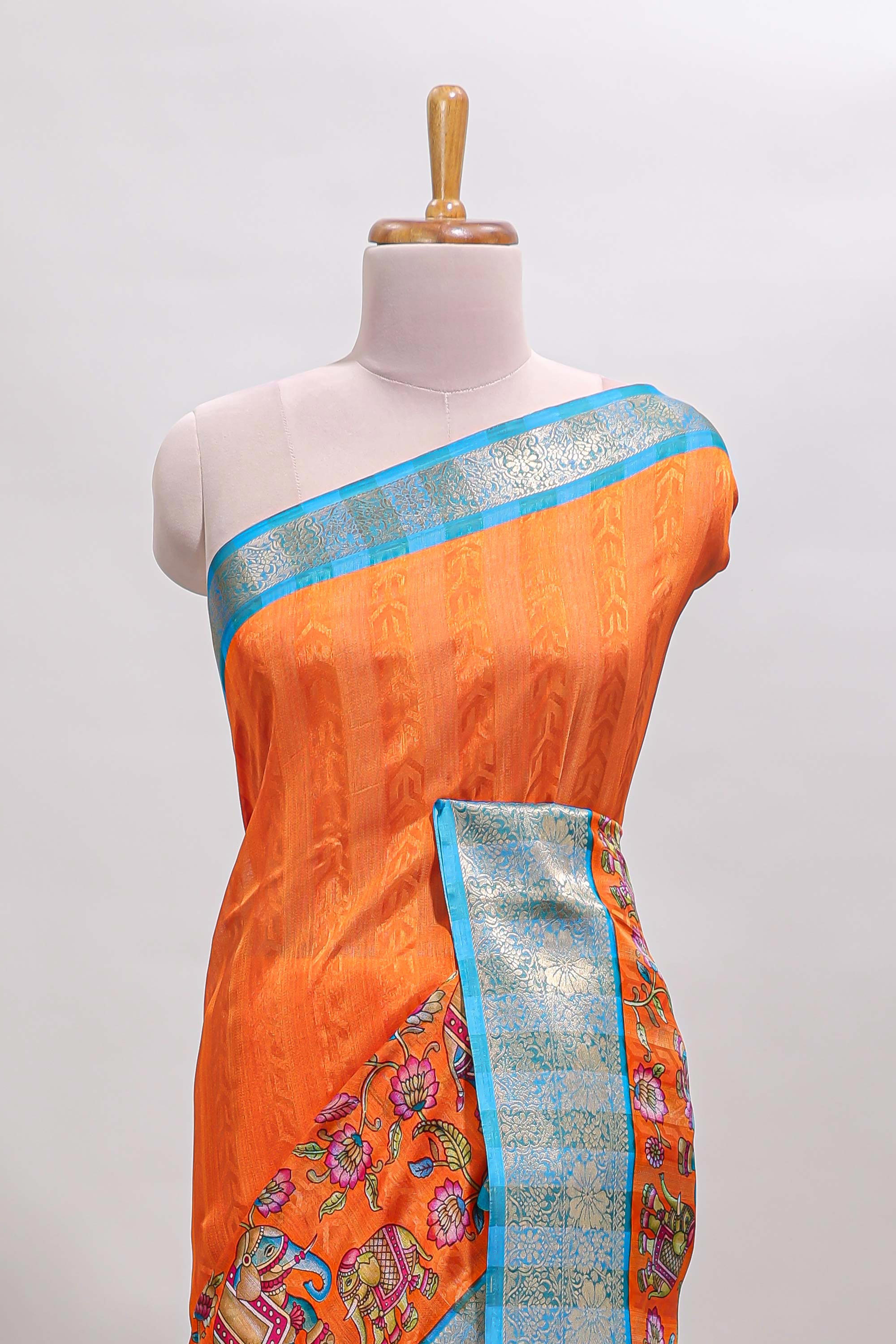Orange striped kalamkari design chanderi cotton with contrast zai border and self pallu