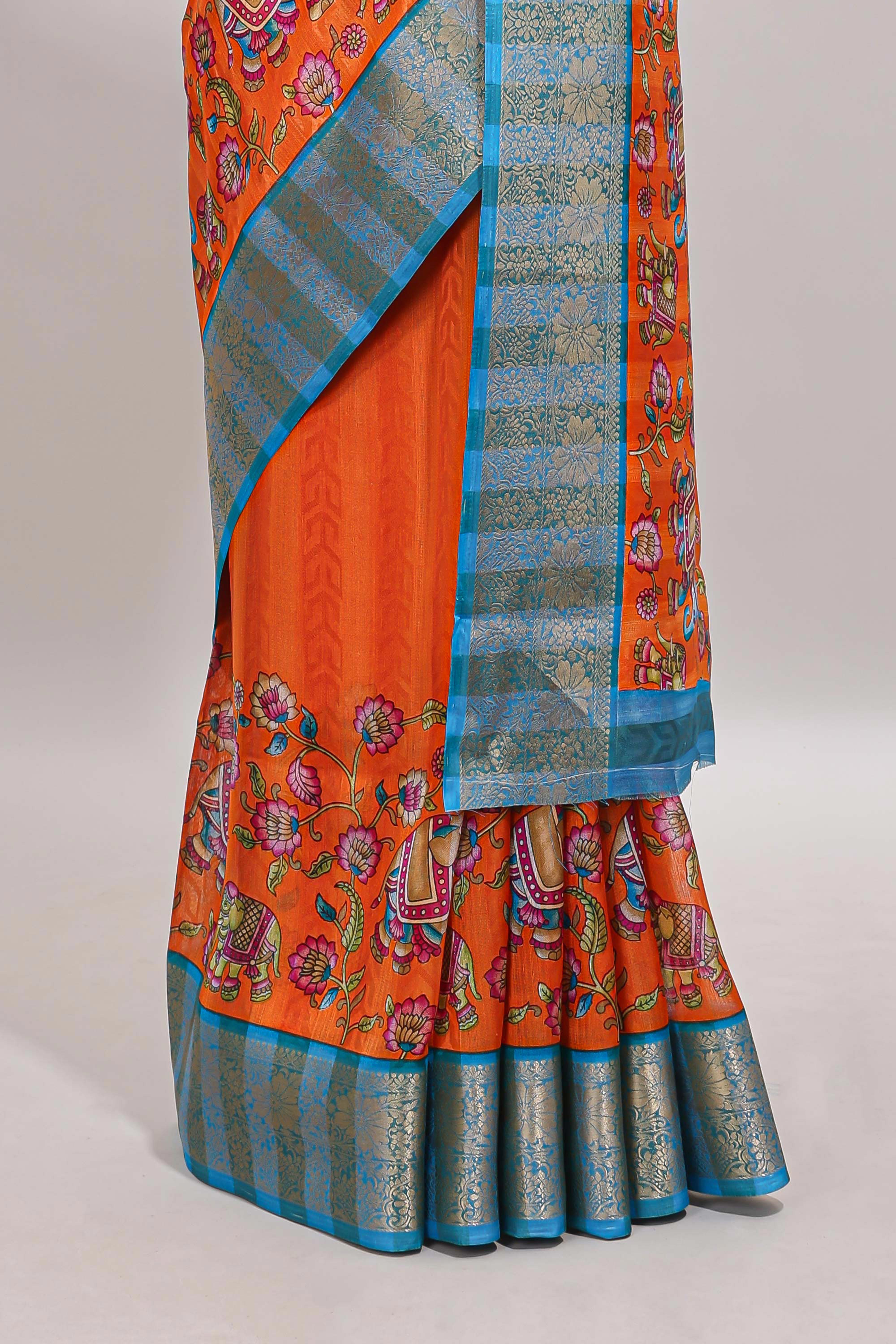 Orange striped kalamkari design chanderi cotton with contrast zai border and self pallu