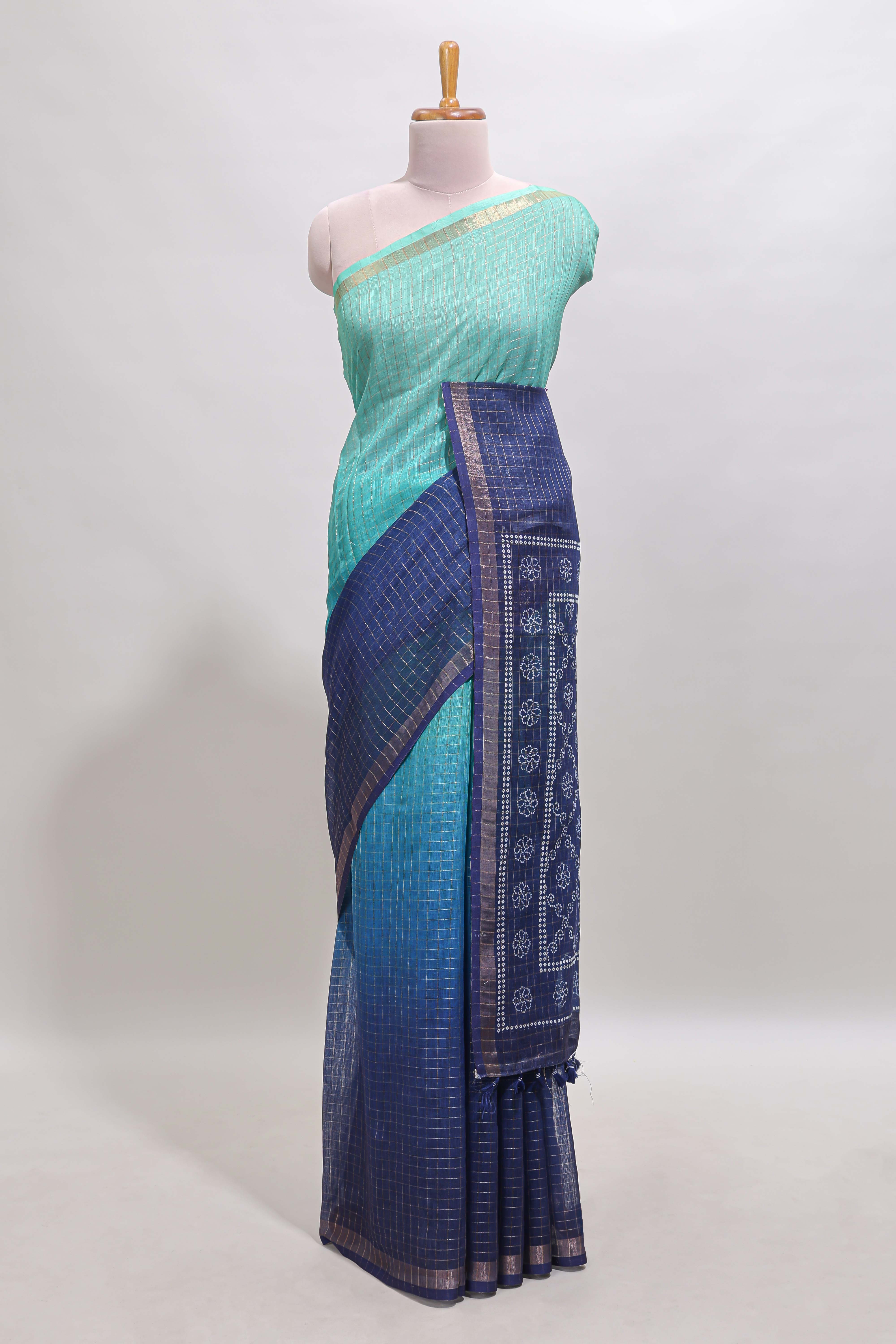 Turquoise green & blue dual shade checked chanderi cotton saree with self zari border and blouse