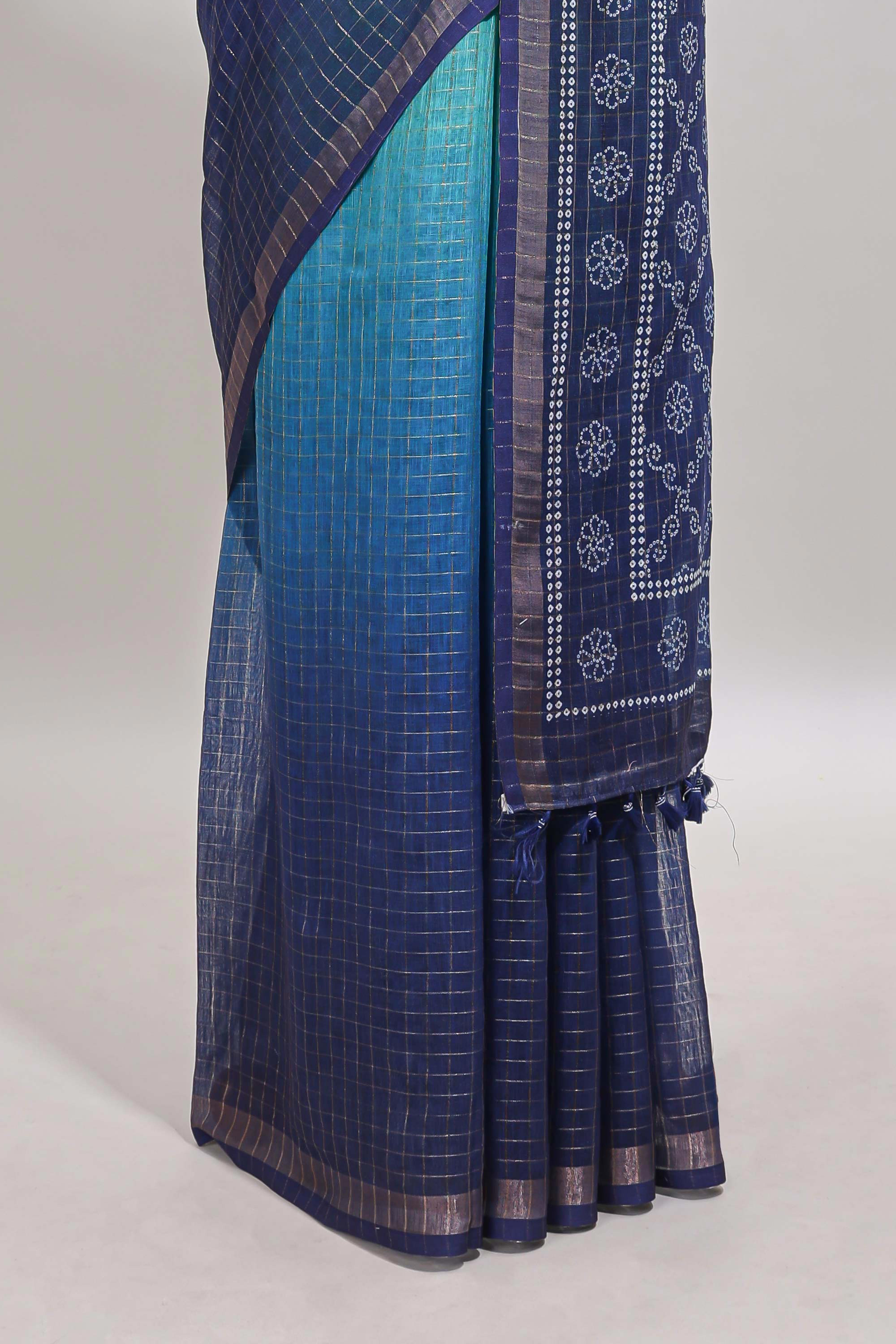 Turquoise green & blue dual shade checked chanderi cotton saree with self zari border and blouse