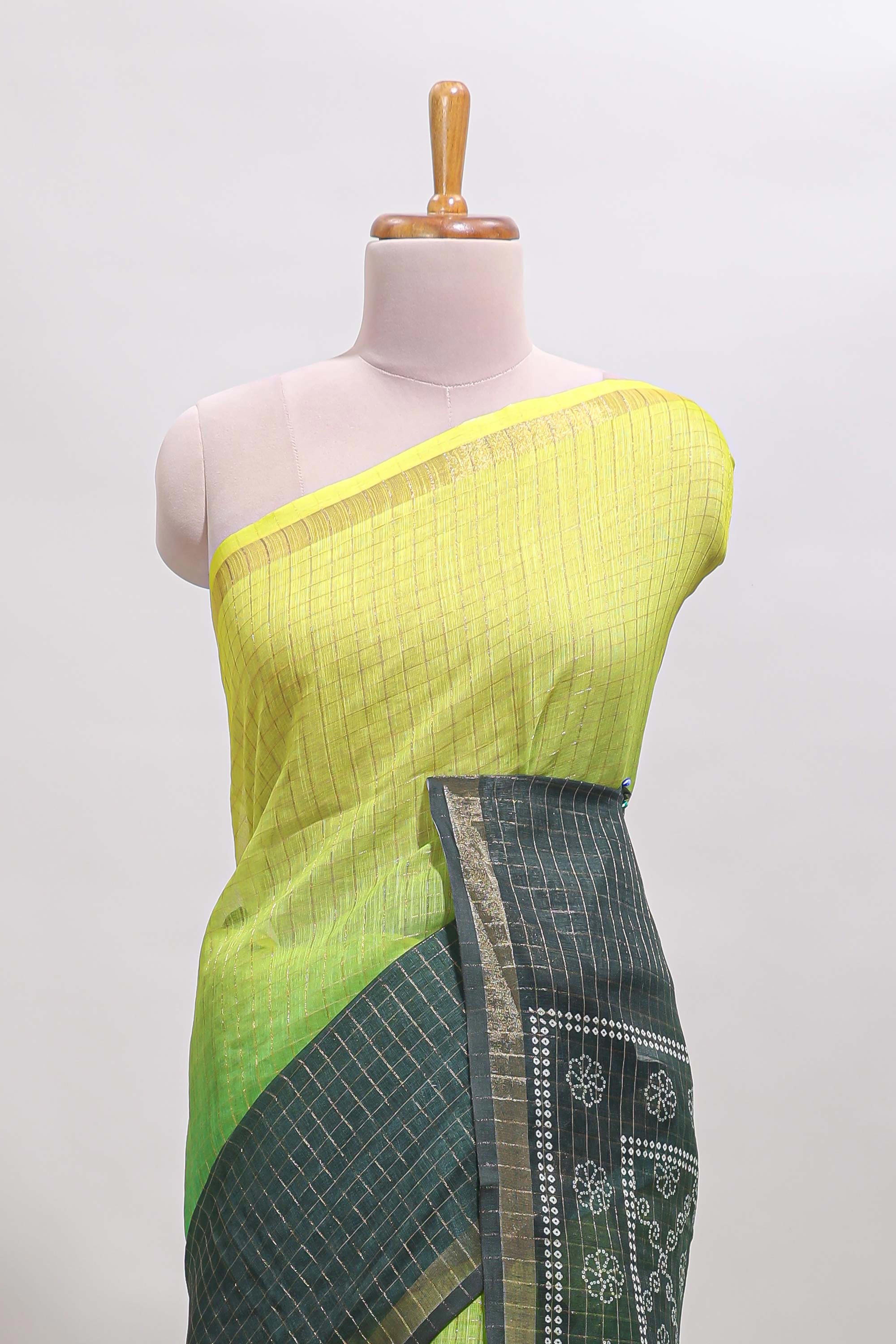 Yellow & green dual shade checked chanderi cotton saree with self zari border and blouse