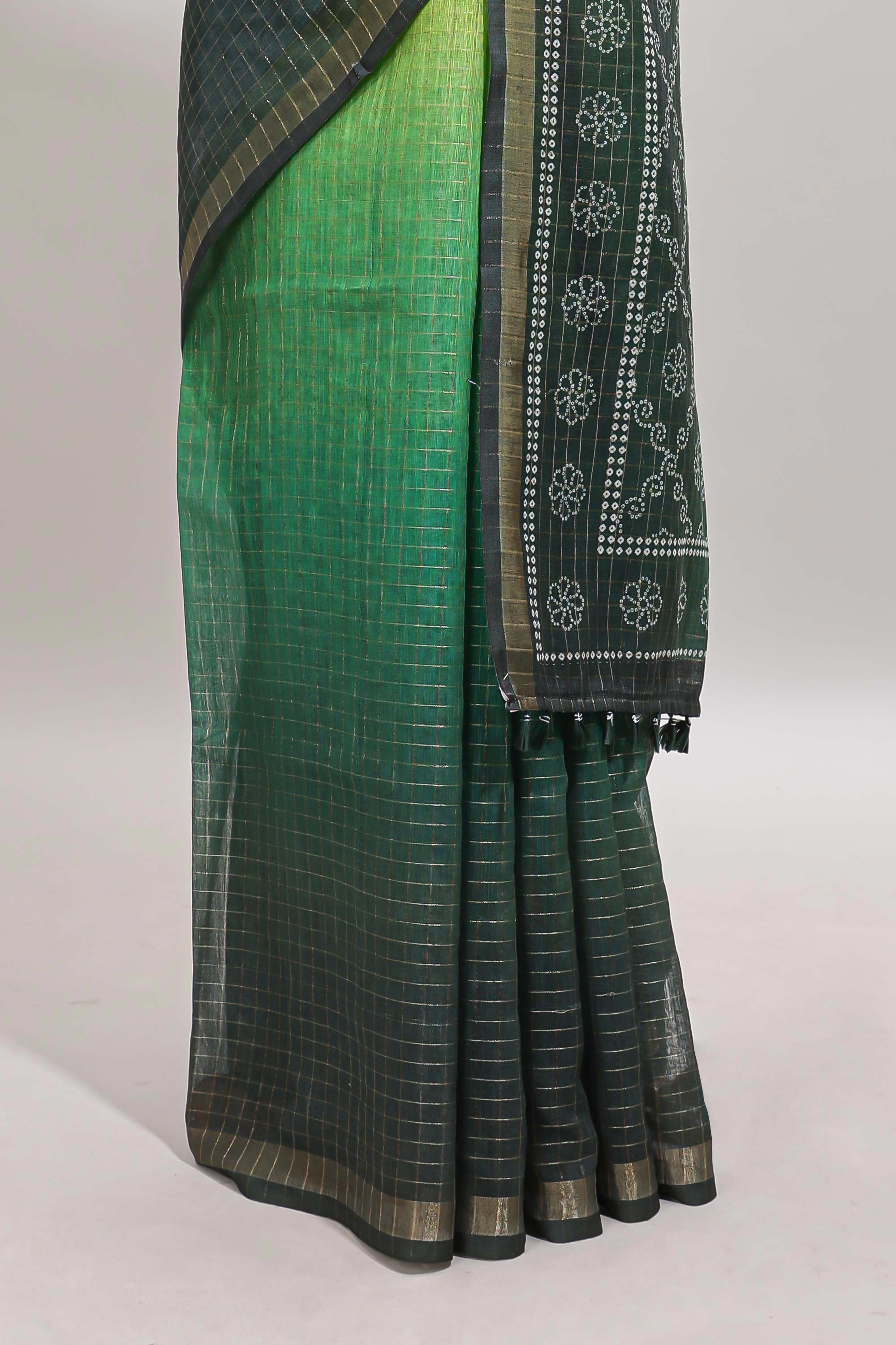 Yellow & green dual shade checked chanderi cotton saree with self zari border and blouse