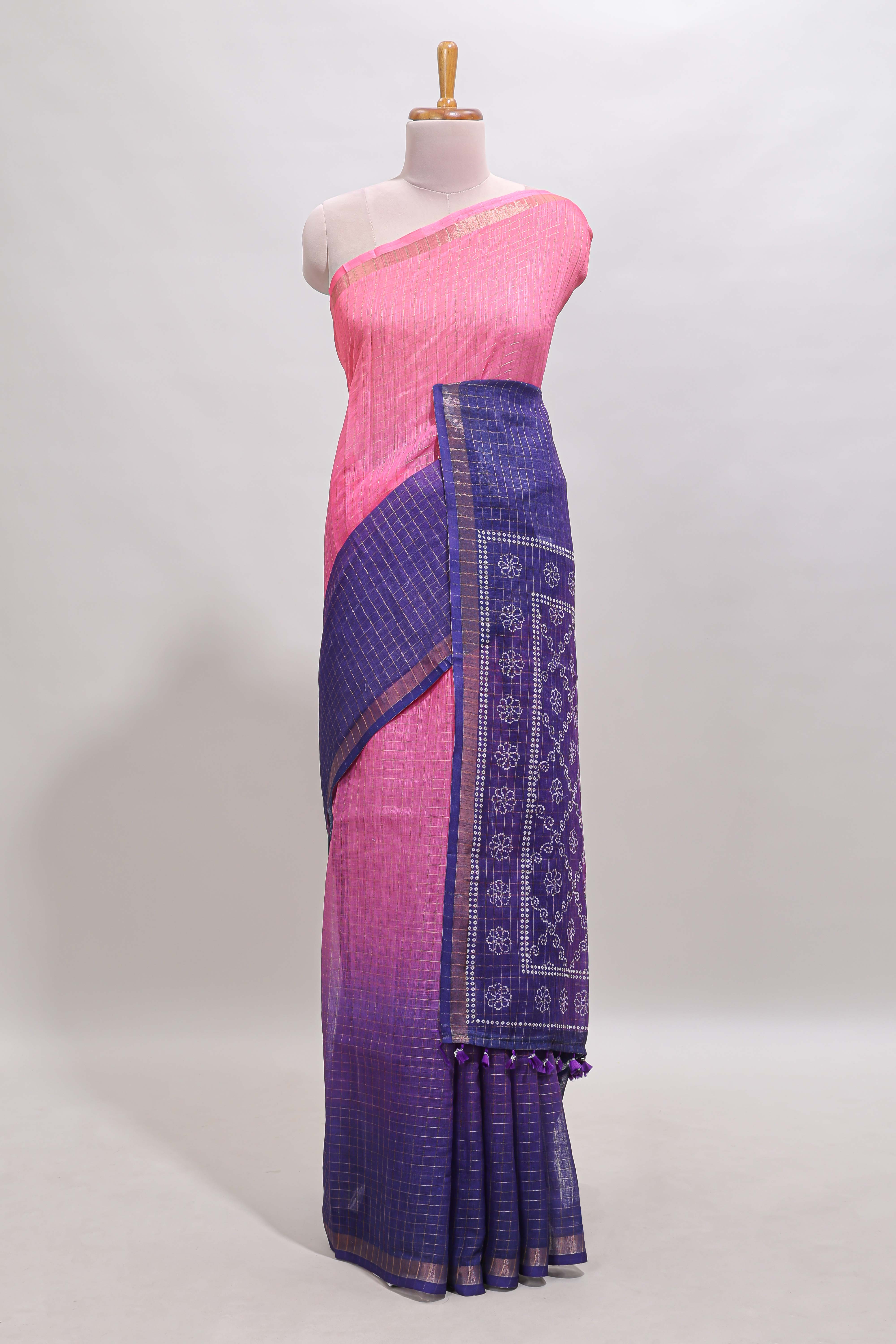 Pink & violet dual shade checked chanderi cotton saree with self zari border and blouse