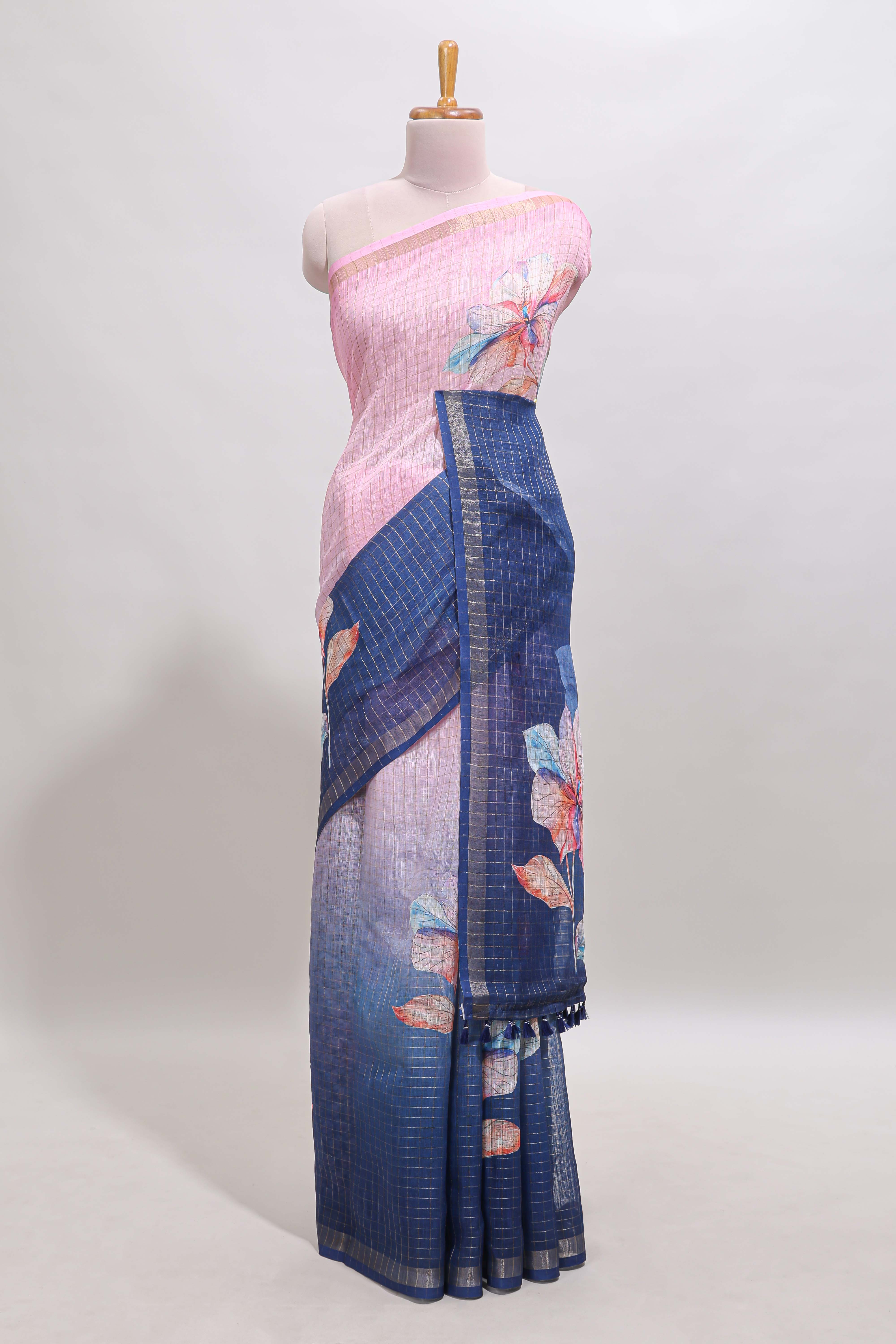 Pink & blue dual shade checked floral design chanderi cotton saree with self zari border and matching blouse