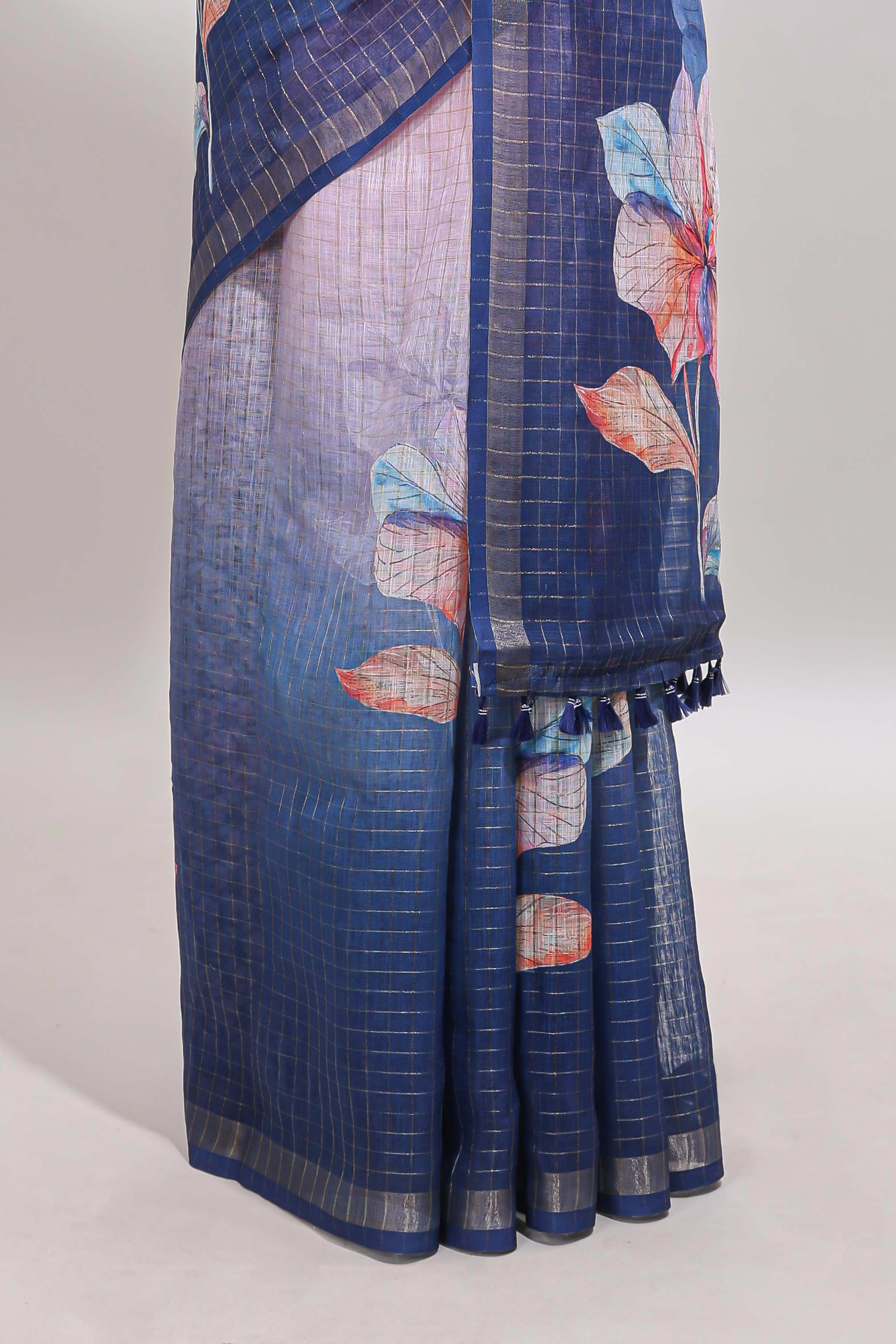 Pink & blue dual shade checked floral design chanderi cotton saree with self zari border and matching blouse