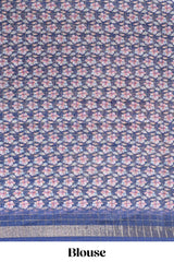 Pink & blue dual shade checked floral design chanderi cotton saree with self zari border and matching blouse