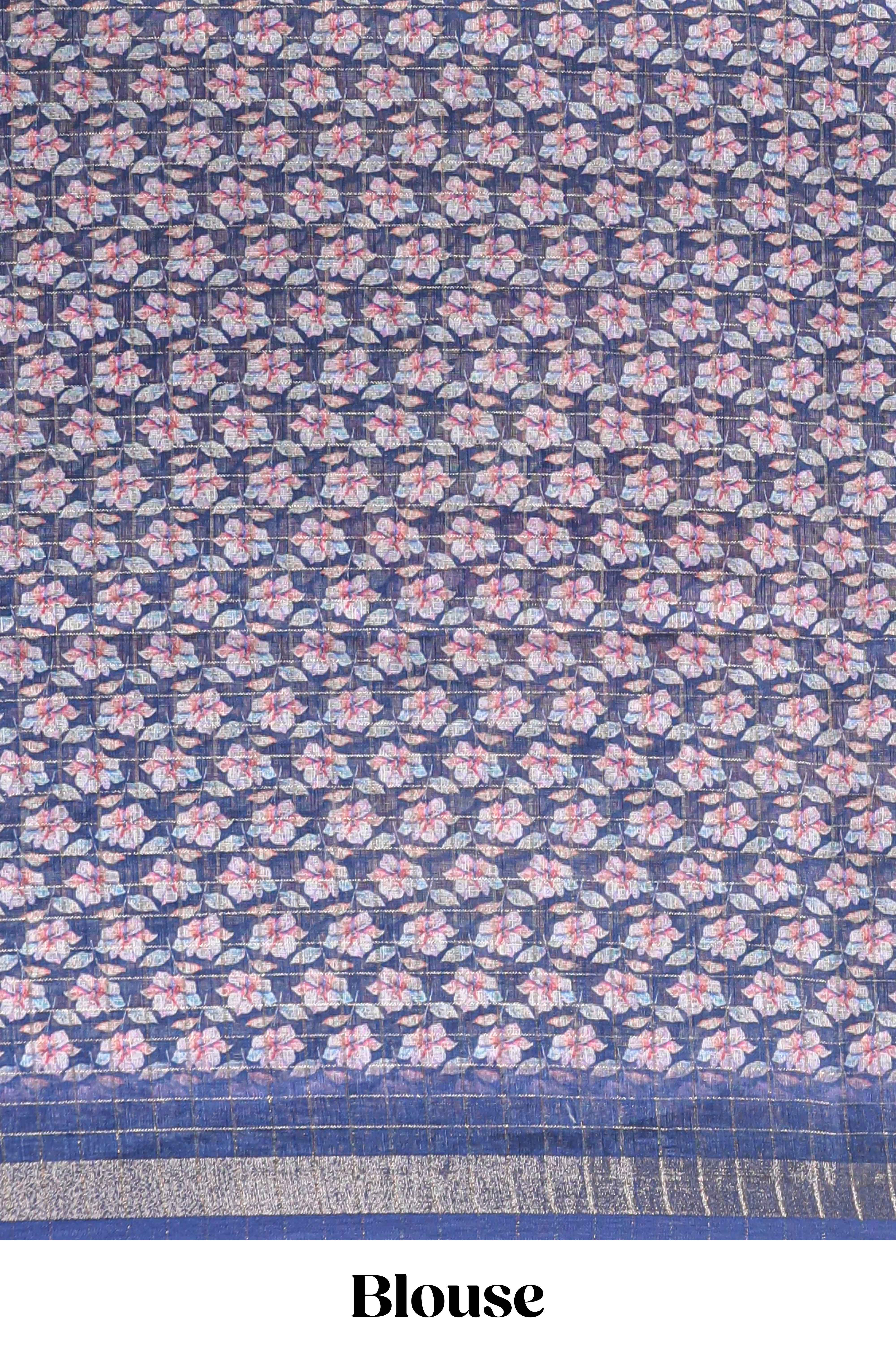 Pink & blue dual shade checked floral design chanderi cotton saree with self zari border and matching blouse