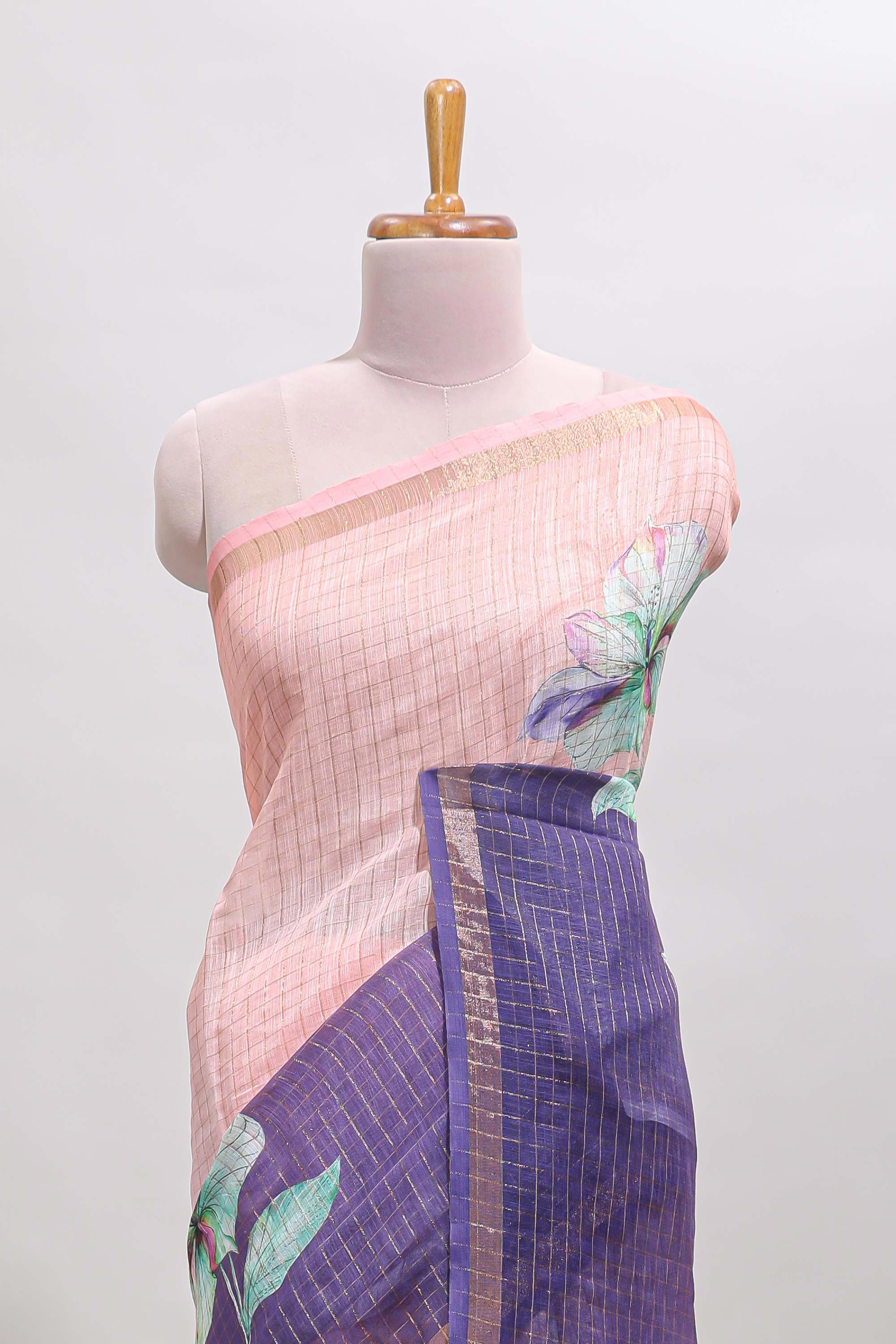 Pink & lavender dual shade checked floral design chanderi cotton saree with self zari border and matching blouse
