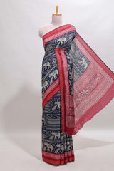 Blue geometric & elephant motif chanderi cotton saree with contrast border and chevron blouse
