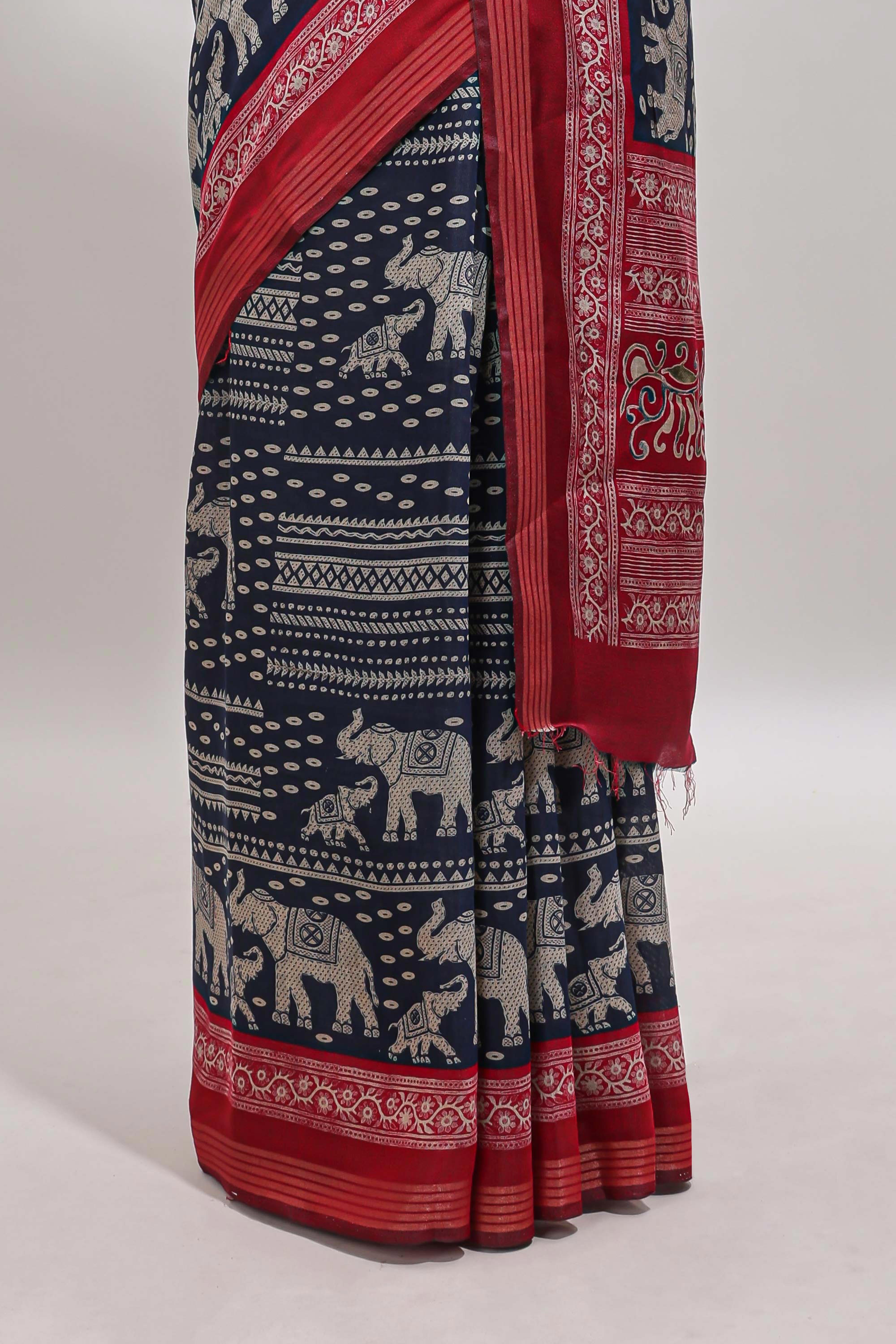 Blue geometric & elephant motif chanderi cotton saree with contrast border and chevron blouse