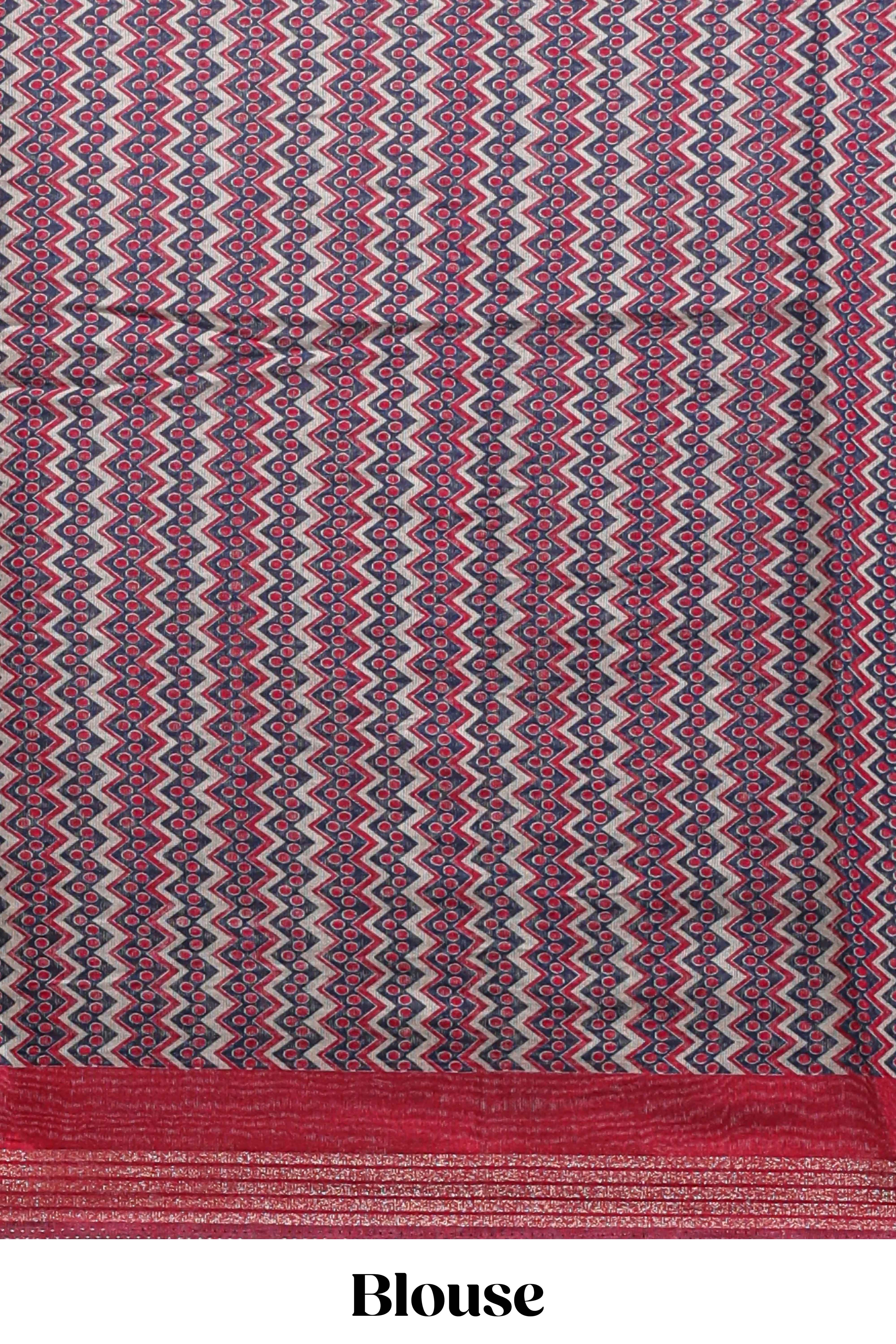 Blue geometric & elephant motif chanderi cotton saree with contrast border and chevron blouse
