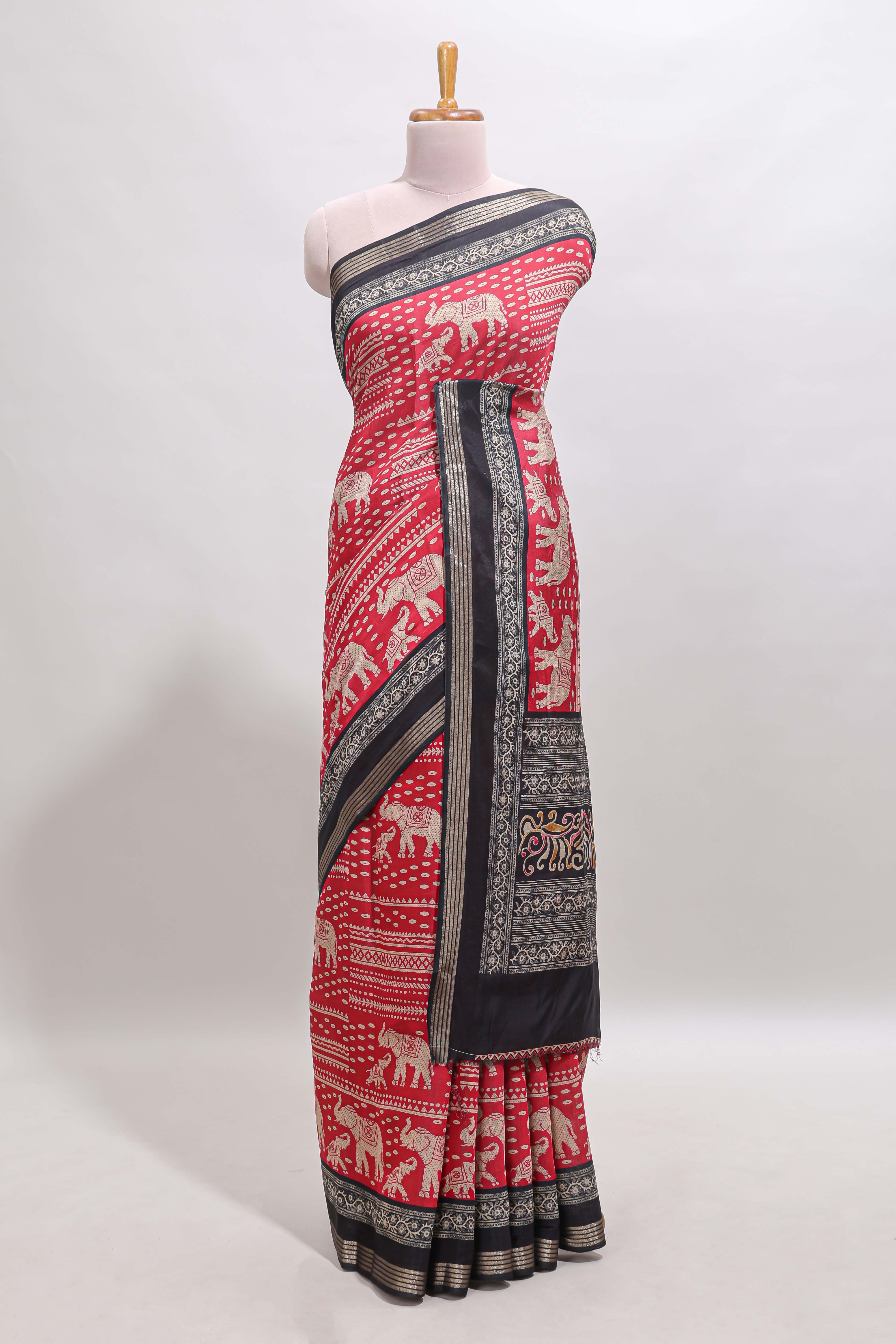Red geometric & elephant motif chanderi cotton saree with contrast border and chevron blouse