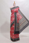 Red geometric & elephant motif chanderi cotton saree with contrast border and chevron blouse