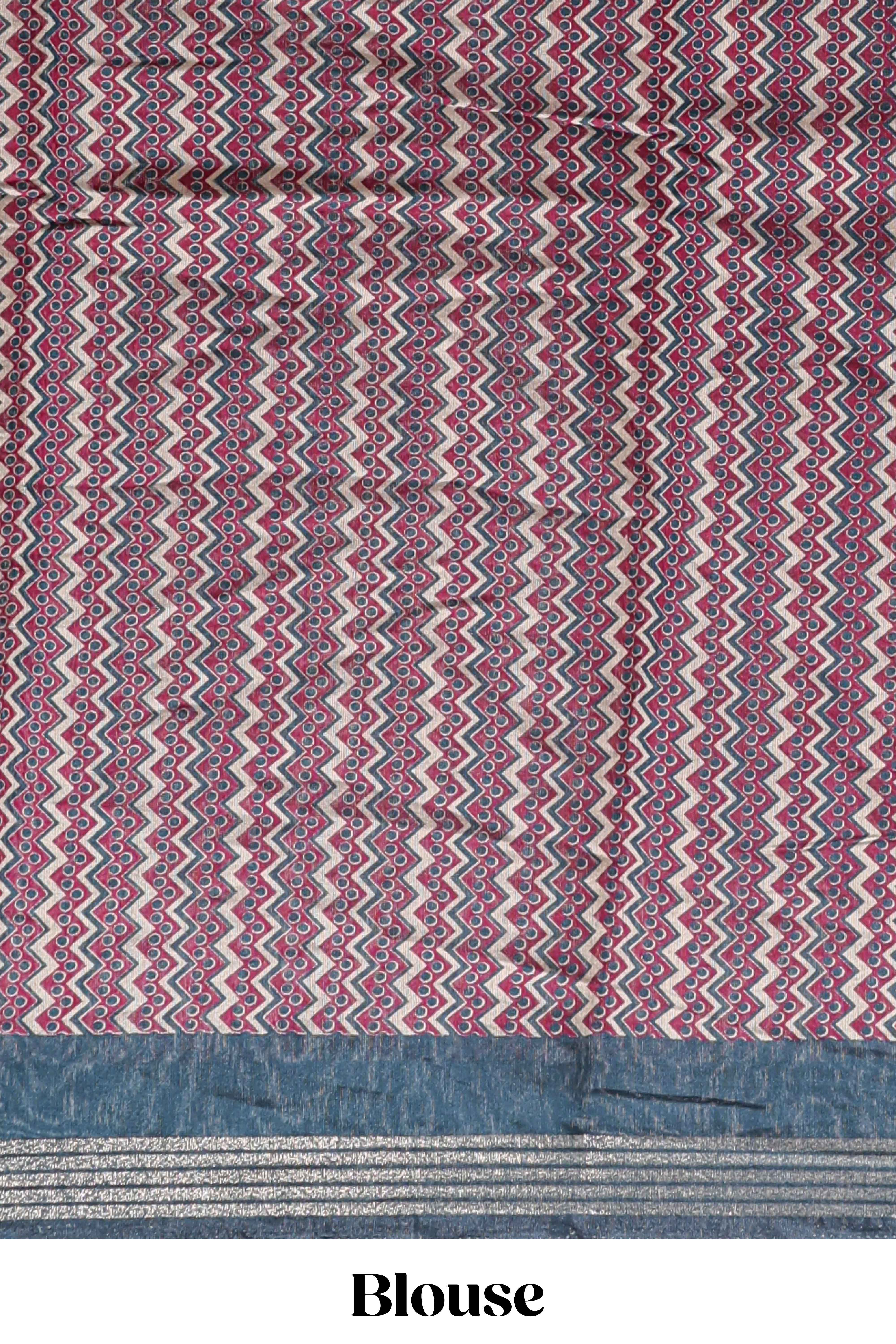 Maroon geometric & elephant motif chanderi cotton saree with contrast border and chevron blouse