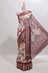 Cream checked floral design chanderi cotton saree with contrast border and printed pallu
