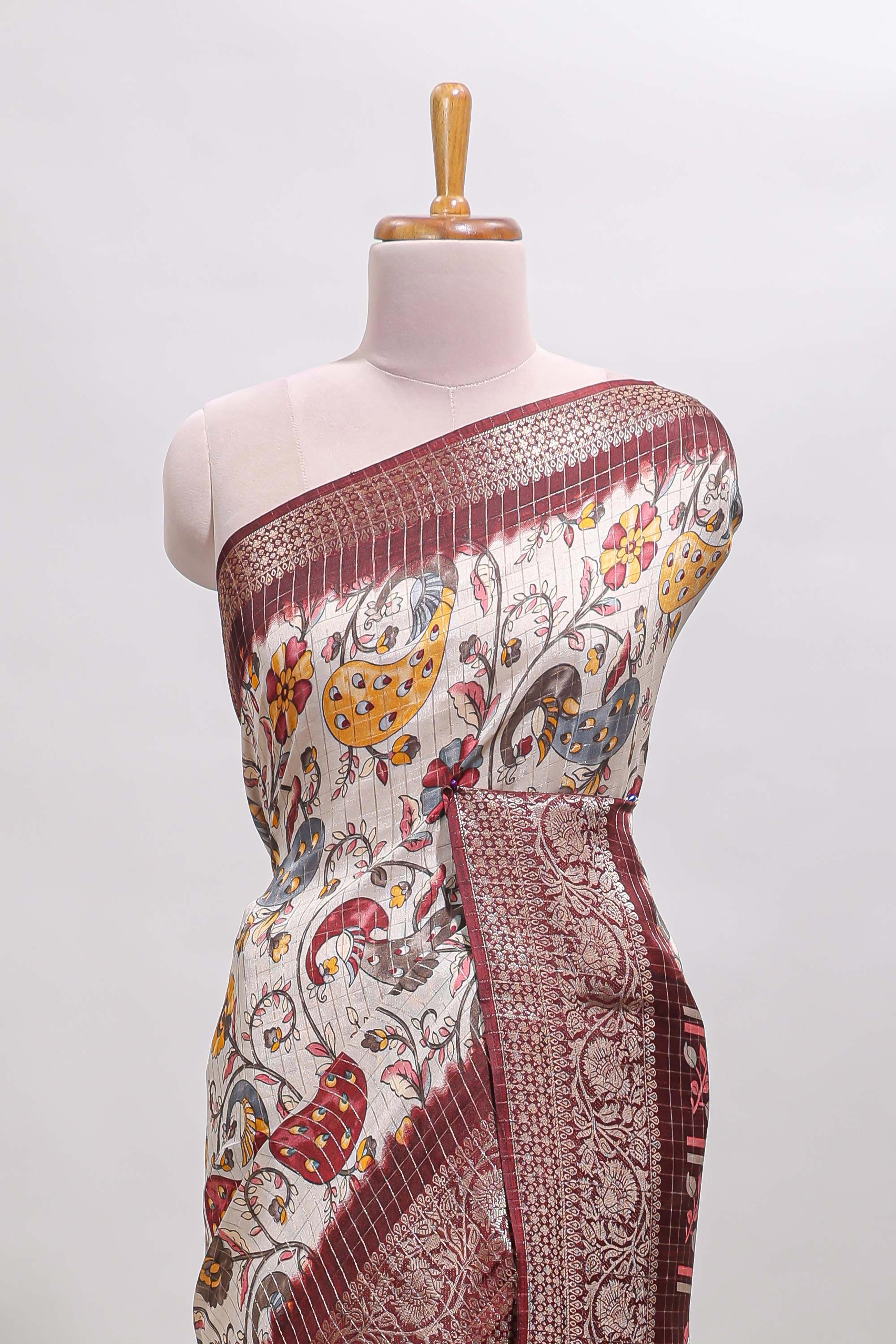 Cream checked floral design chanderi cotton saree with contrast border and printed pallu