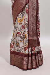 Cream checked floral design chanderi cotton saree with contrast border and printed pallu