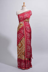 Mustard yellow Chanderi cotton saree with elephant motifs tie and dye effect patterns and contrast zari border along with printed blouse