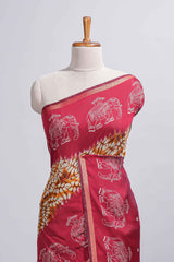 Mustard yellow Chanderi cotton saree with elephant motifs tie and dye effect patterns and contrast zari border along with printed blouse