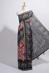 Maroon Chanderi cotton saree with elephant motifs tie and dye effect patterns and contrast zari border along with printed blouse