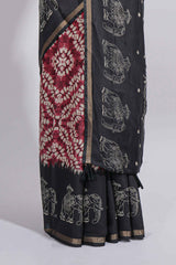 Maroon Chanderi cotton saree with elephant motifs tie and dye effect patterns and contrast zari border along with printed blouse
