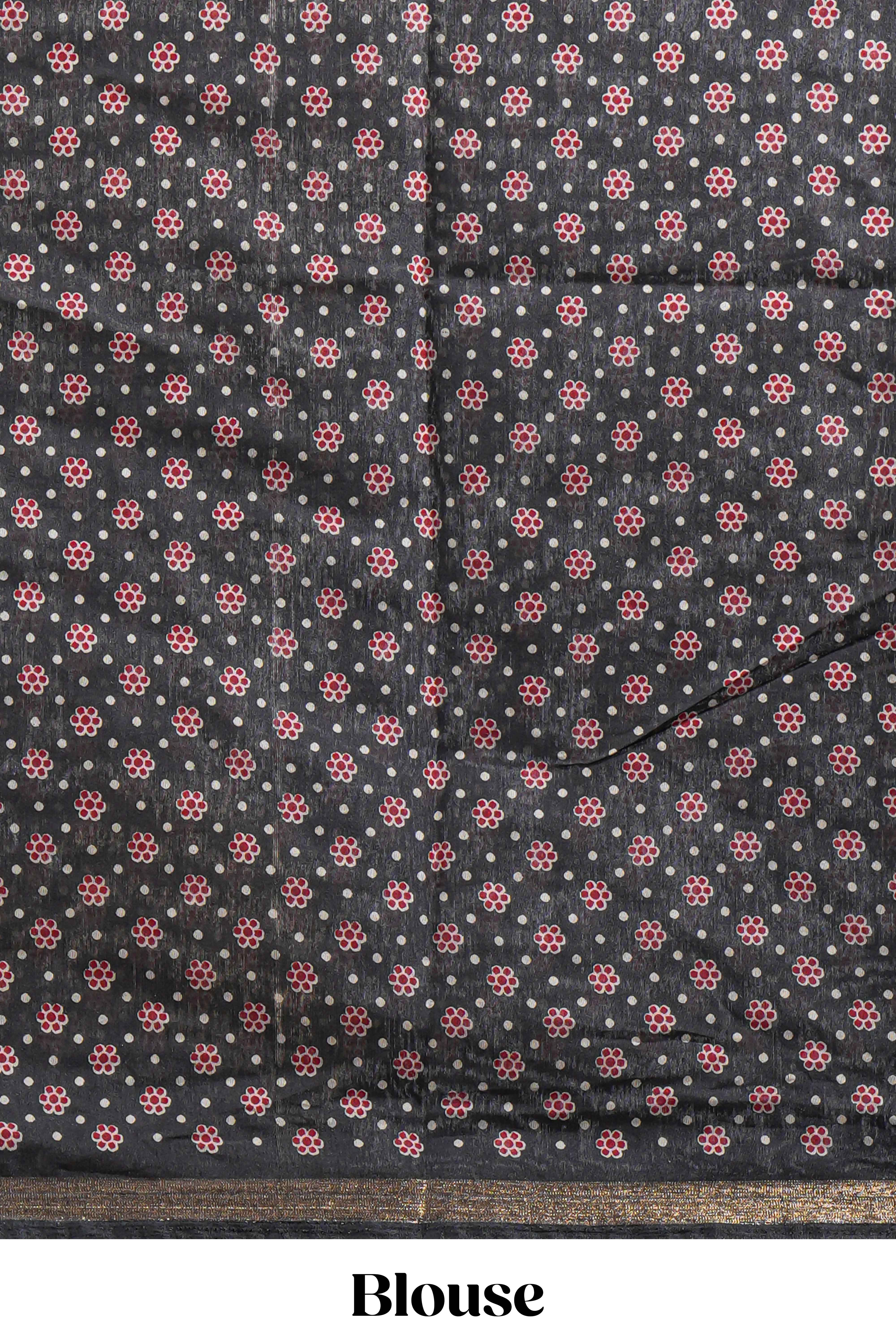 Maroon Chanderi cotton saree with elephant motifs tie and dye effect patterns and contrast zari border along with printed blouse
