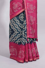 Blue Chanderi cotton saree with elephant motifs tie and dye effect patterns and contrast zari border along with printed blouse