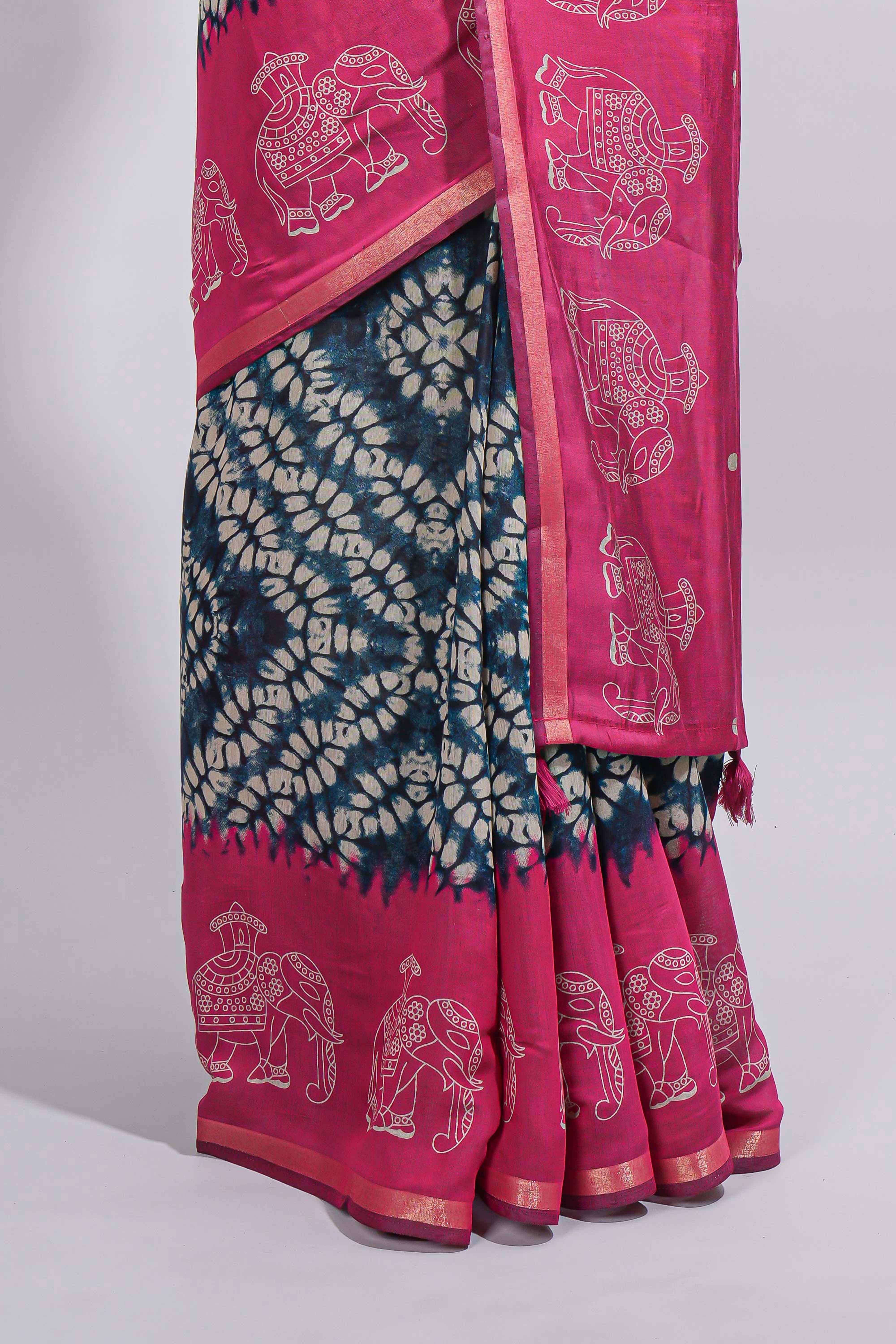 Blue Chanderi cotton saree with elephant motifs tie and dye effect patterns and contrast zari border along with printed blouse
