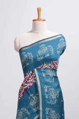 Purple Chanderi cotton saree with elephant motifs tie and dye effect patterns and contrast zari border along with printed blouse