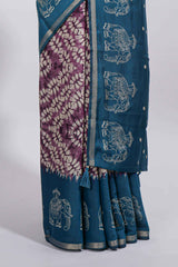 Purple Chanderi cotton saree with elephant motifs tie and dye effect patterns and contrast zari border along with printed blouse