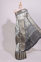 Cream floral design Chanderi cotton saree with contrast zari border and zari motifs blouse